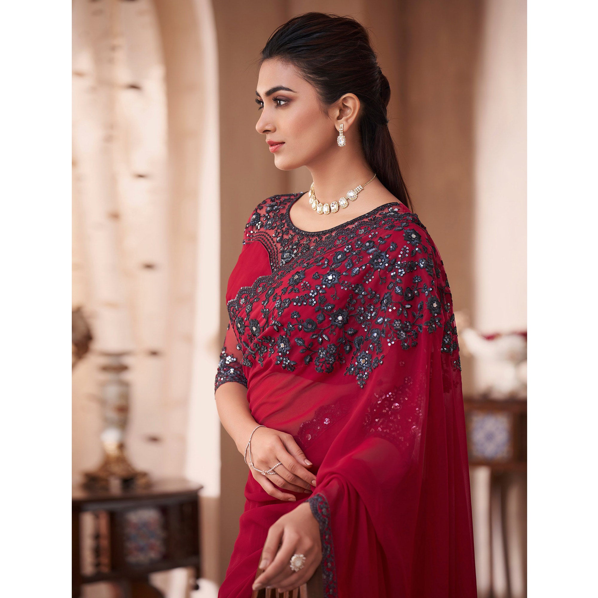 Pink Floral Embroidered Georgette Saree