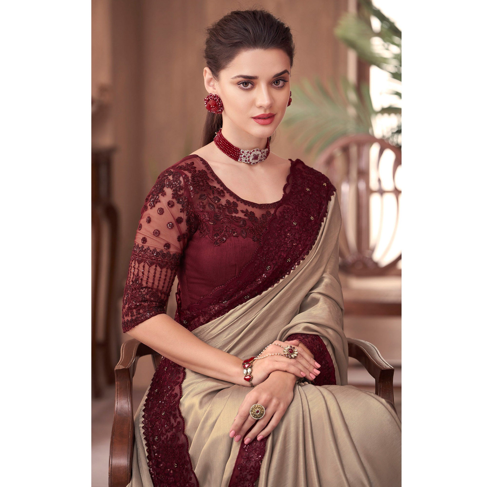 Light Brown Floral Embroidered Georgette Saree