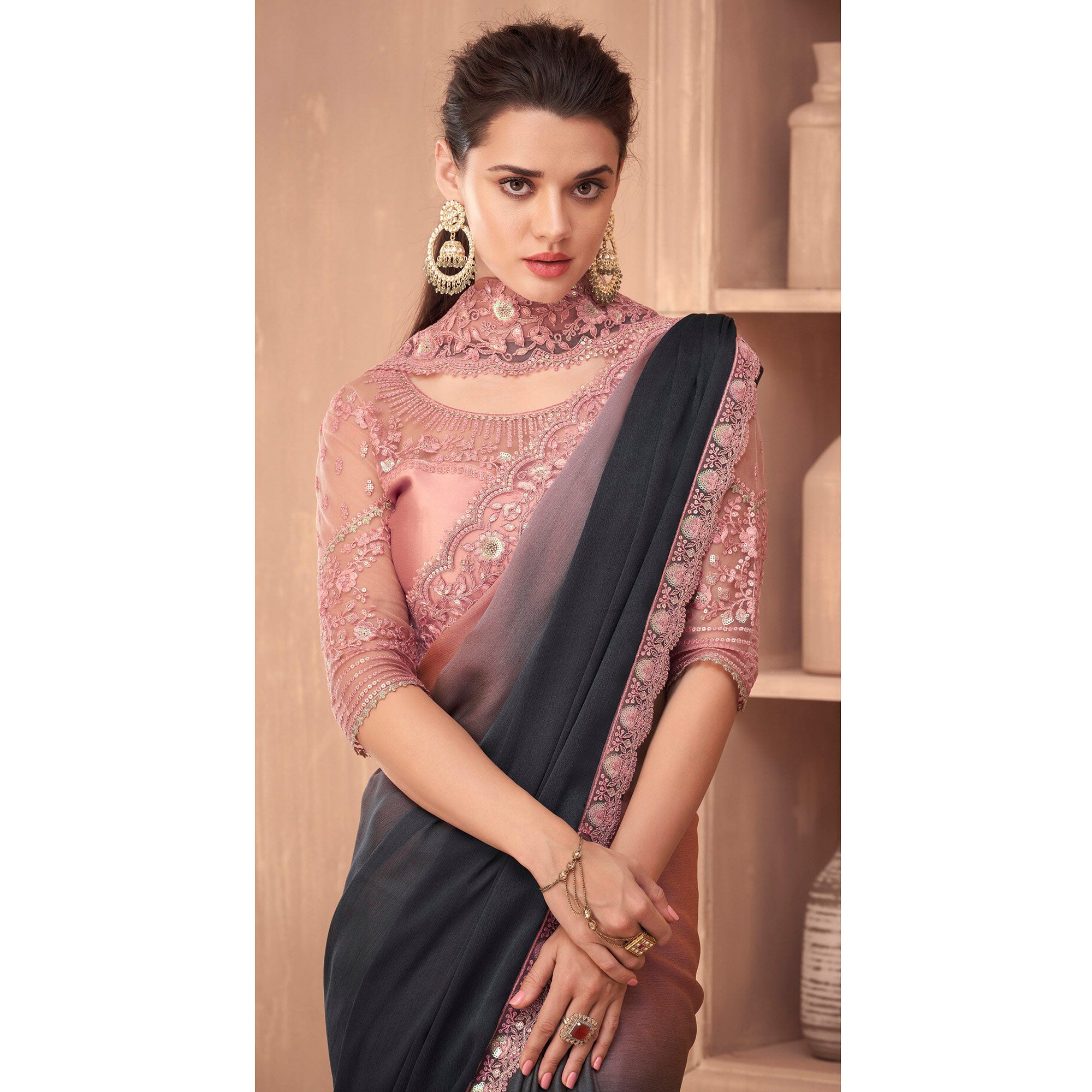 Grey & Pink Floral Embroidered Georgette Saree