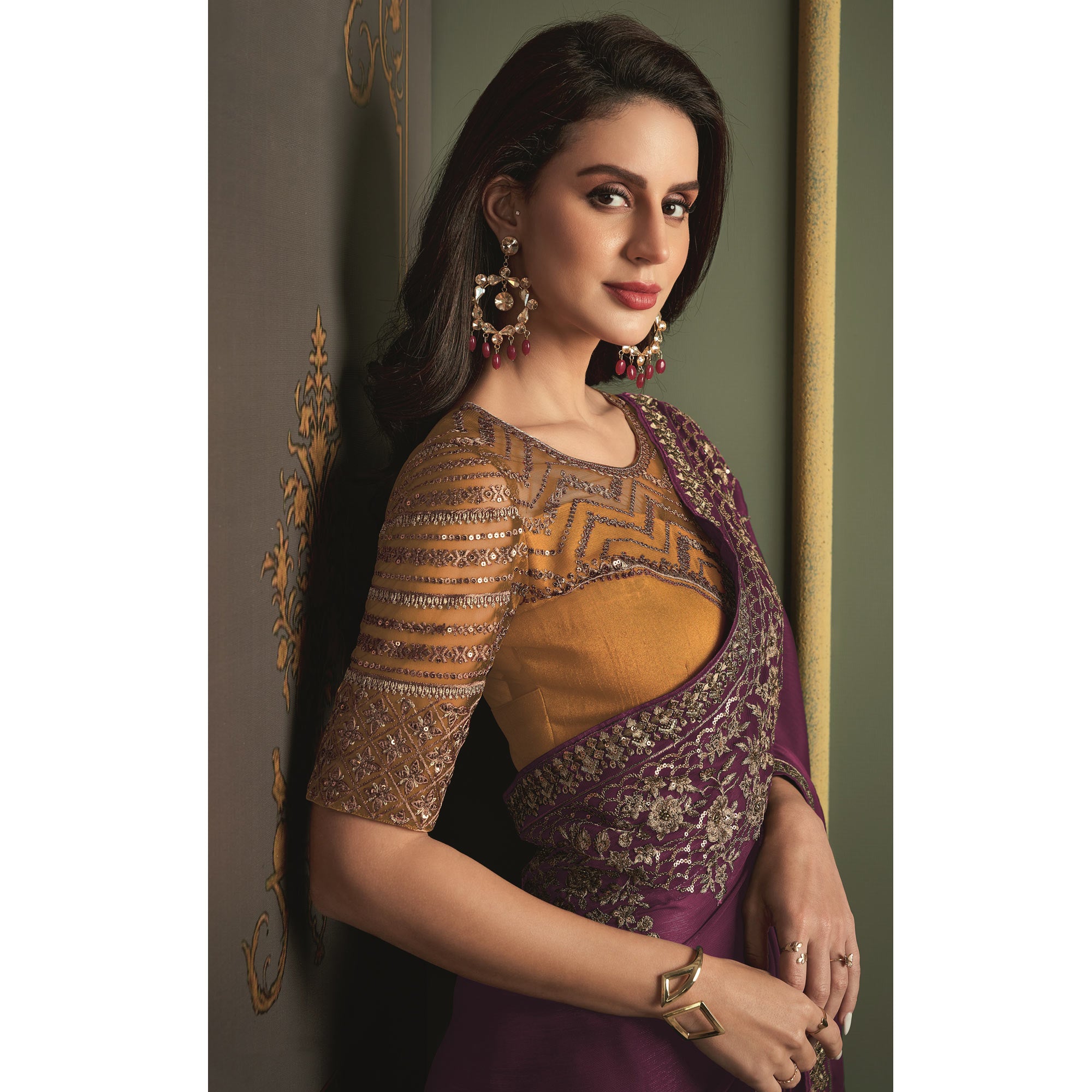 Purple Floral Sequins Embroidered Satin Saree