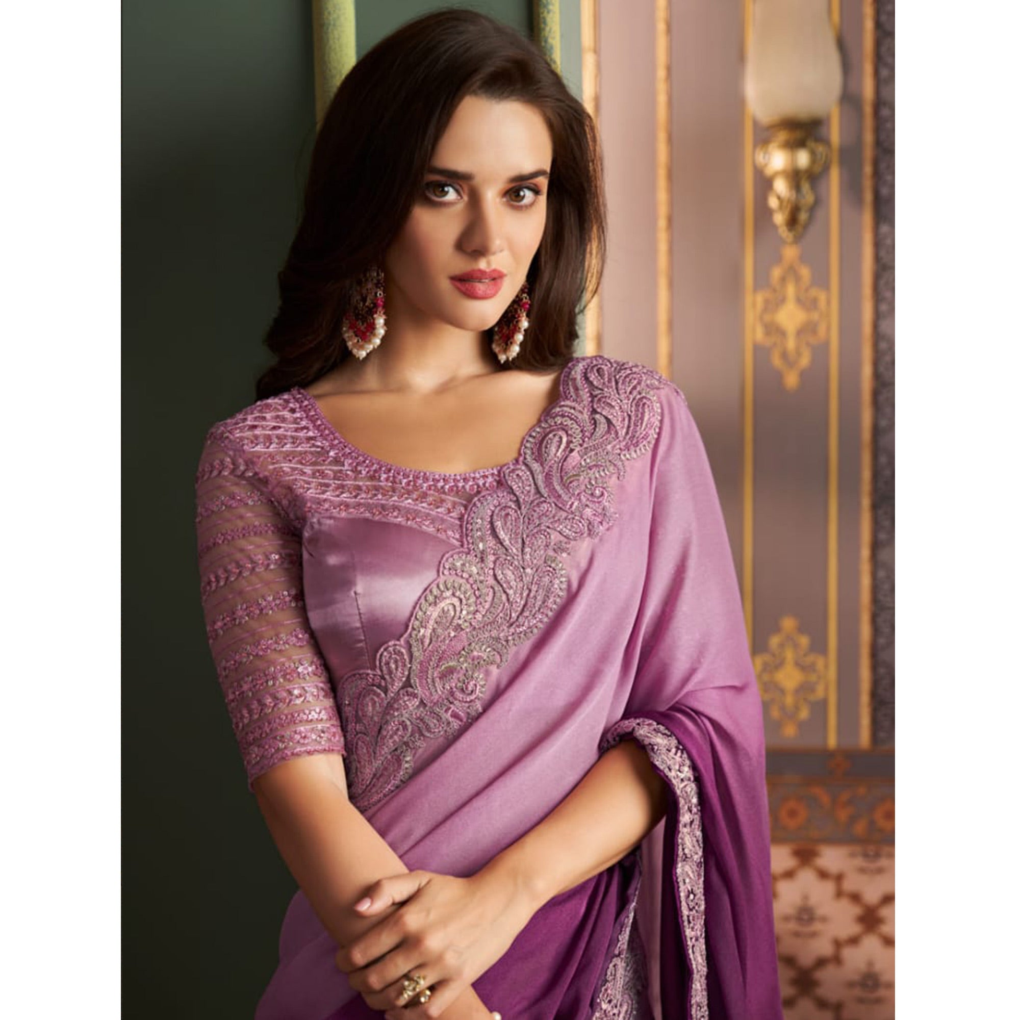 Purple & Lavender Embroidered Chiffon Ombre Saree