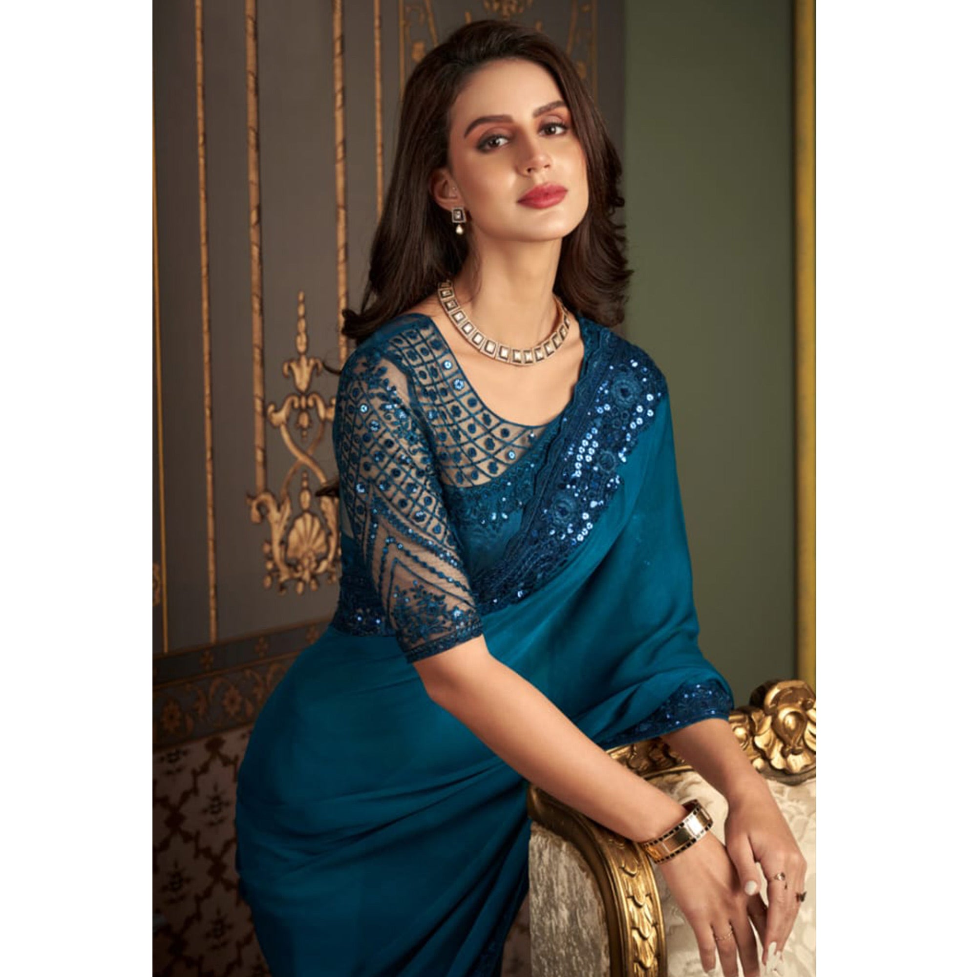 Teal Blue Embroidered Chiffon Saree