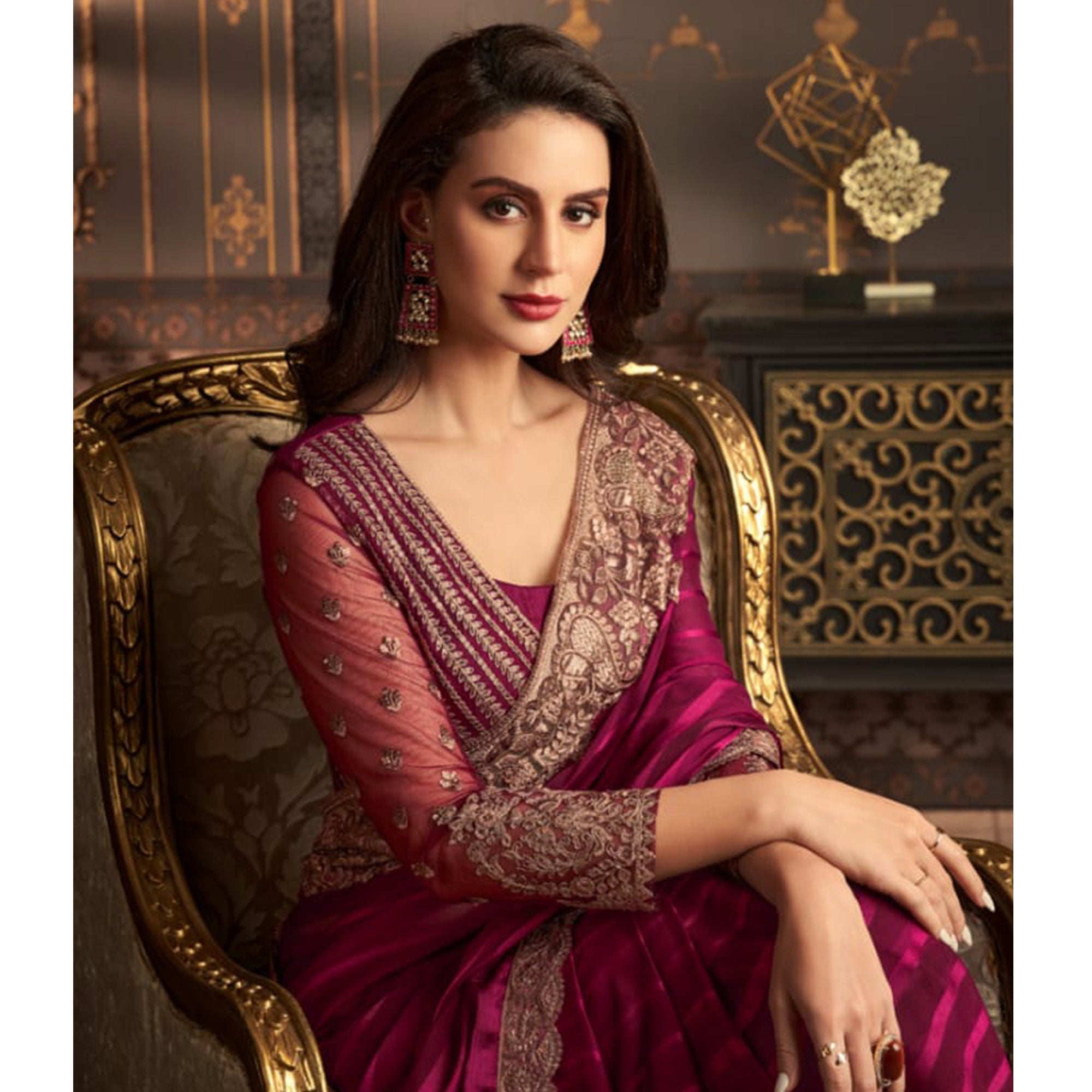 Magenta Embroidered Satin Saree