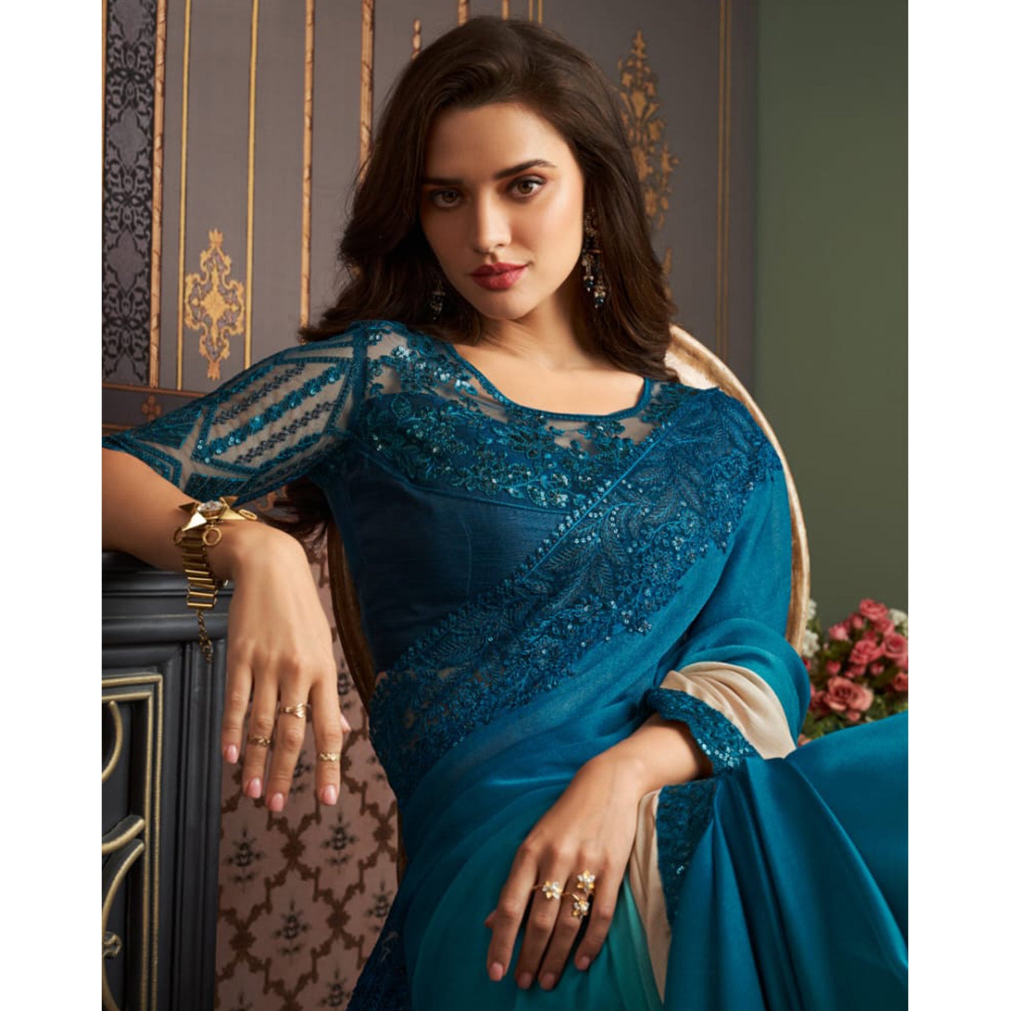 Teal Blue & Beige Embroidered Chiffon Ombre Saree