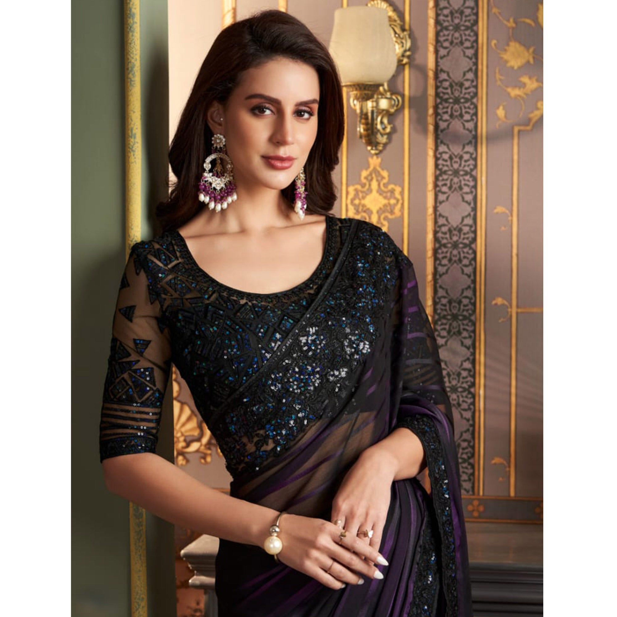 Black & Purple Embroidered Satin Saree
