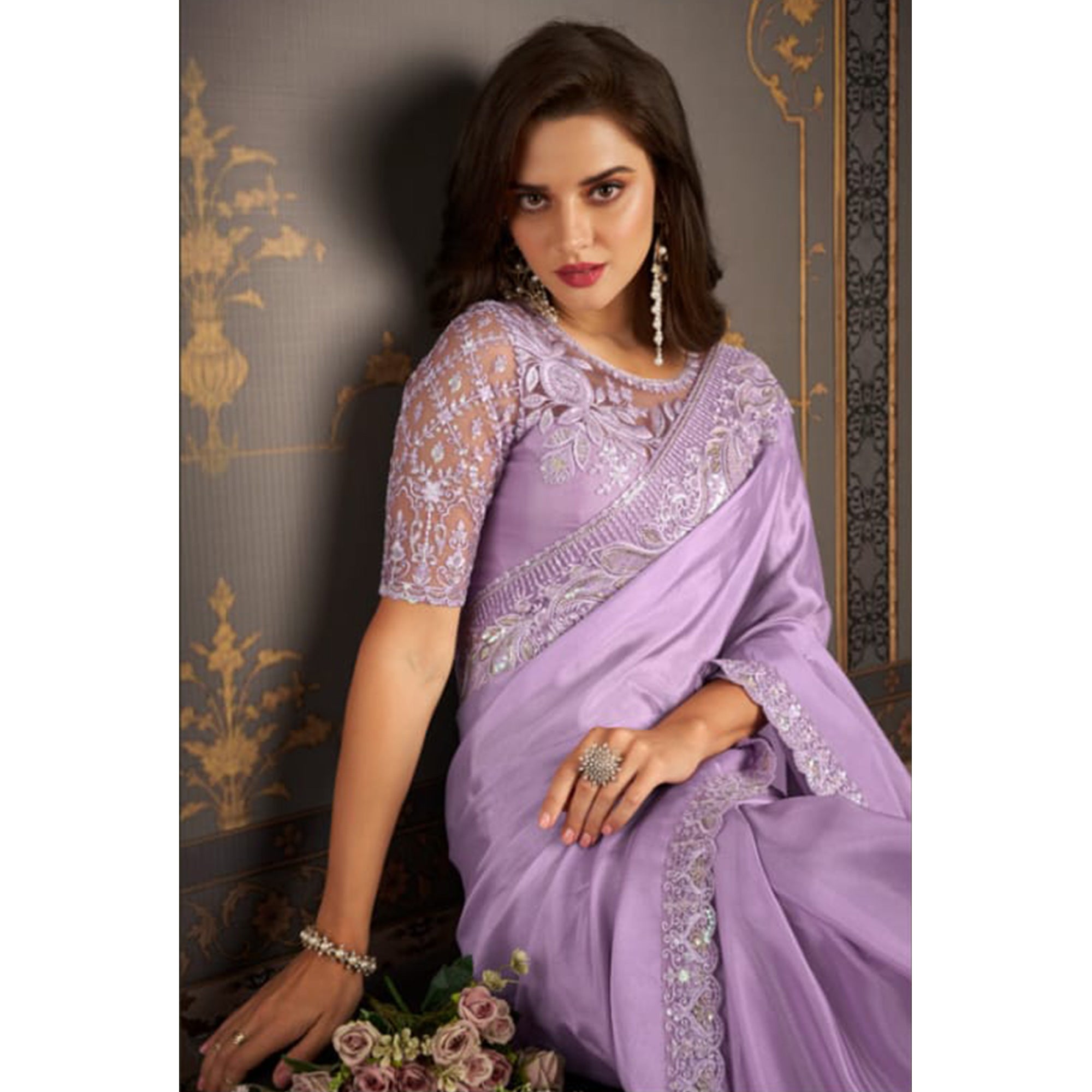 Lavender Embroidered Satin Saree