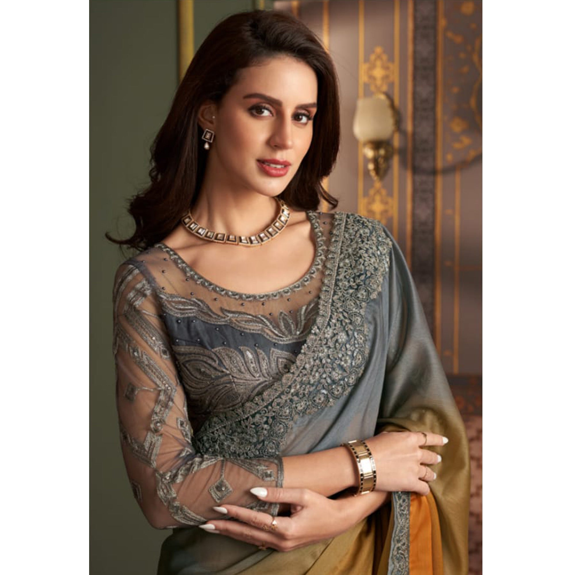 Grey & Mustard Embroidered Chiffon Ombre Saree