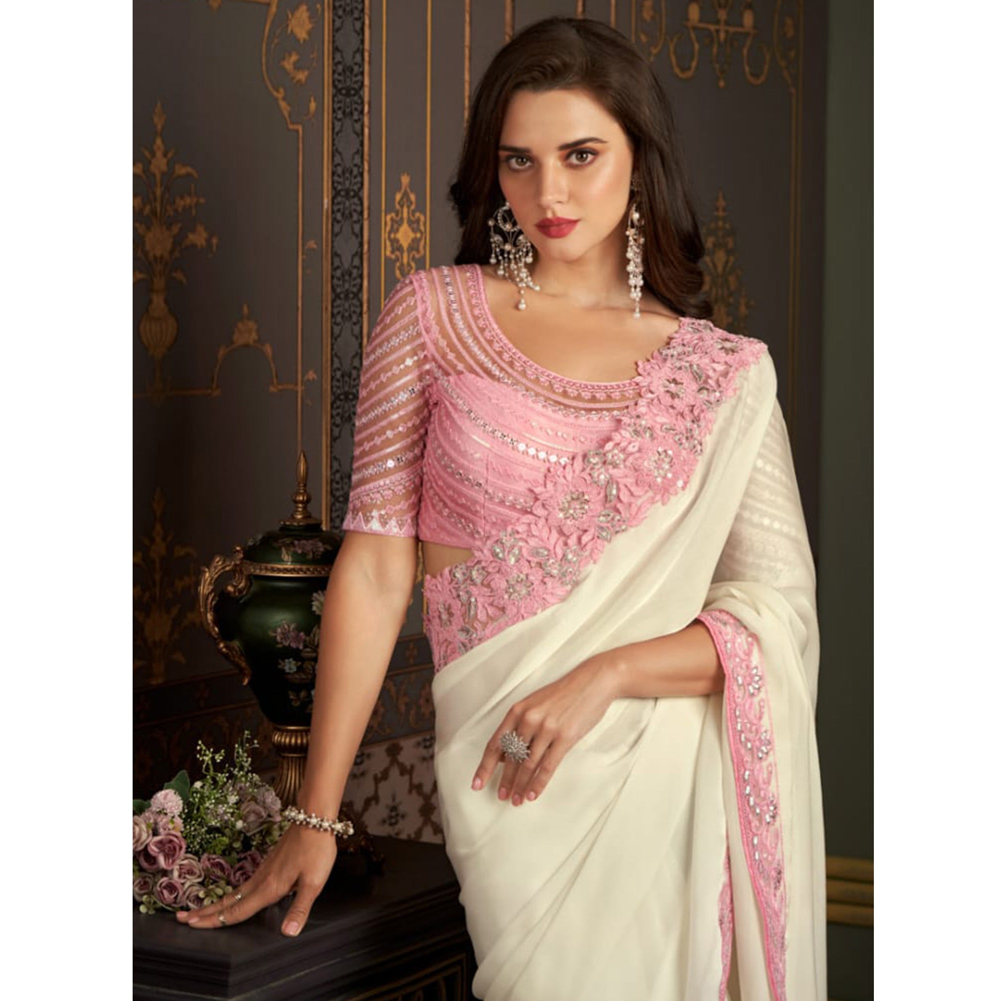 White Embroidered Satin Saree