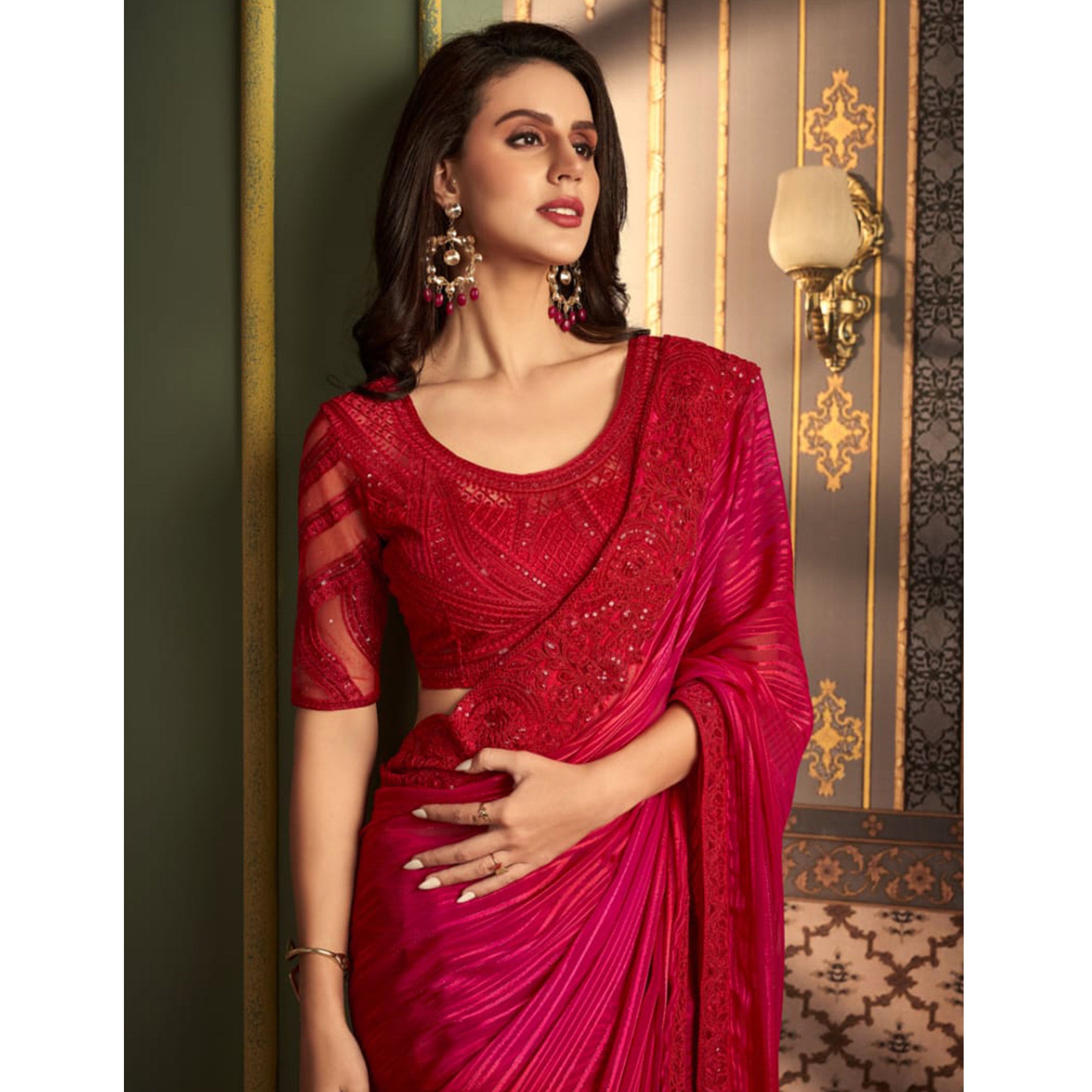 Rani Pink Embroidered Satin Saree