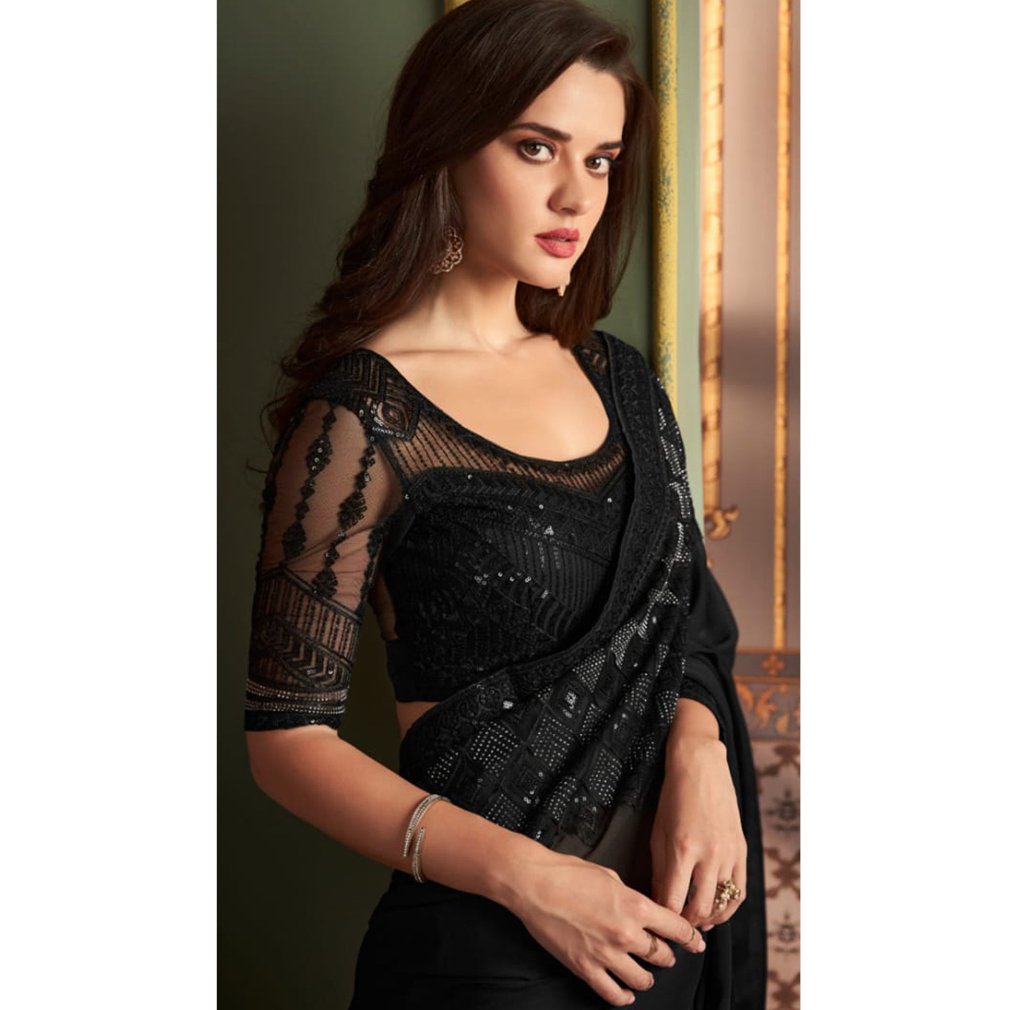 Black Embroidered Chiffon Saree