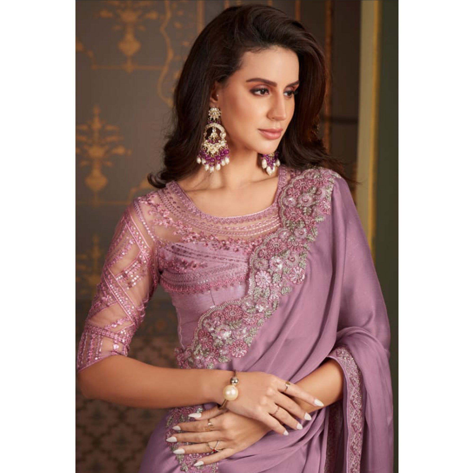 Mauve Embroidered Satin Saree