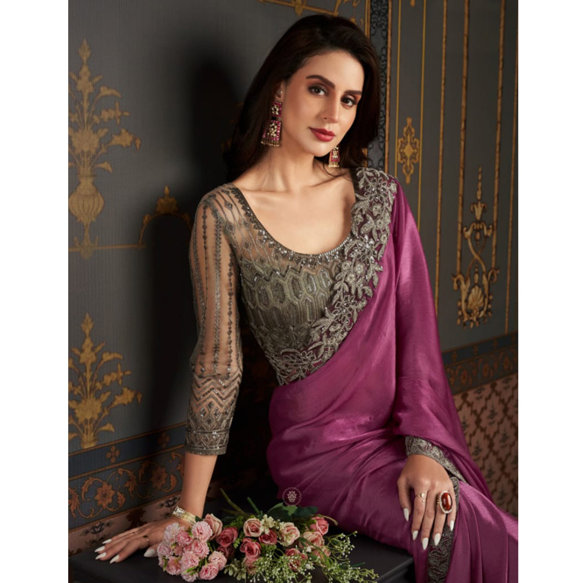 Purple Embroidered Satin Saree