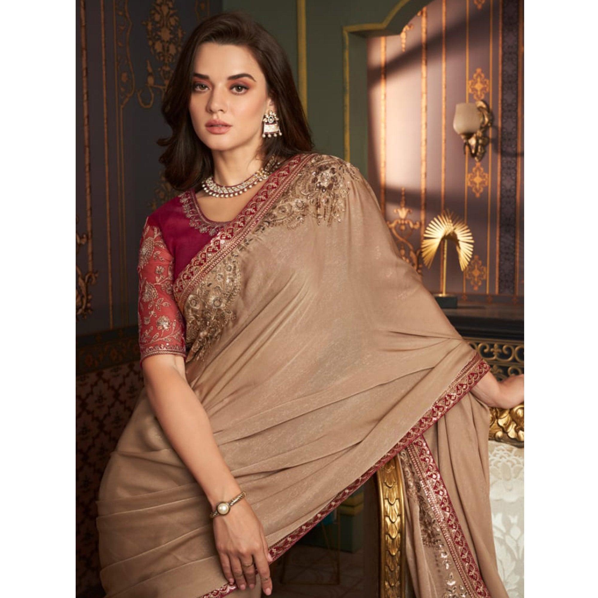 Beige Embroidered Satin Saree