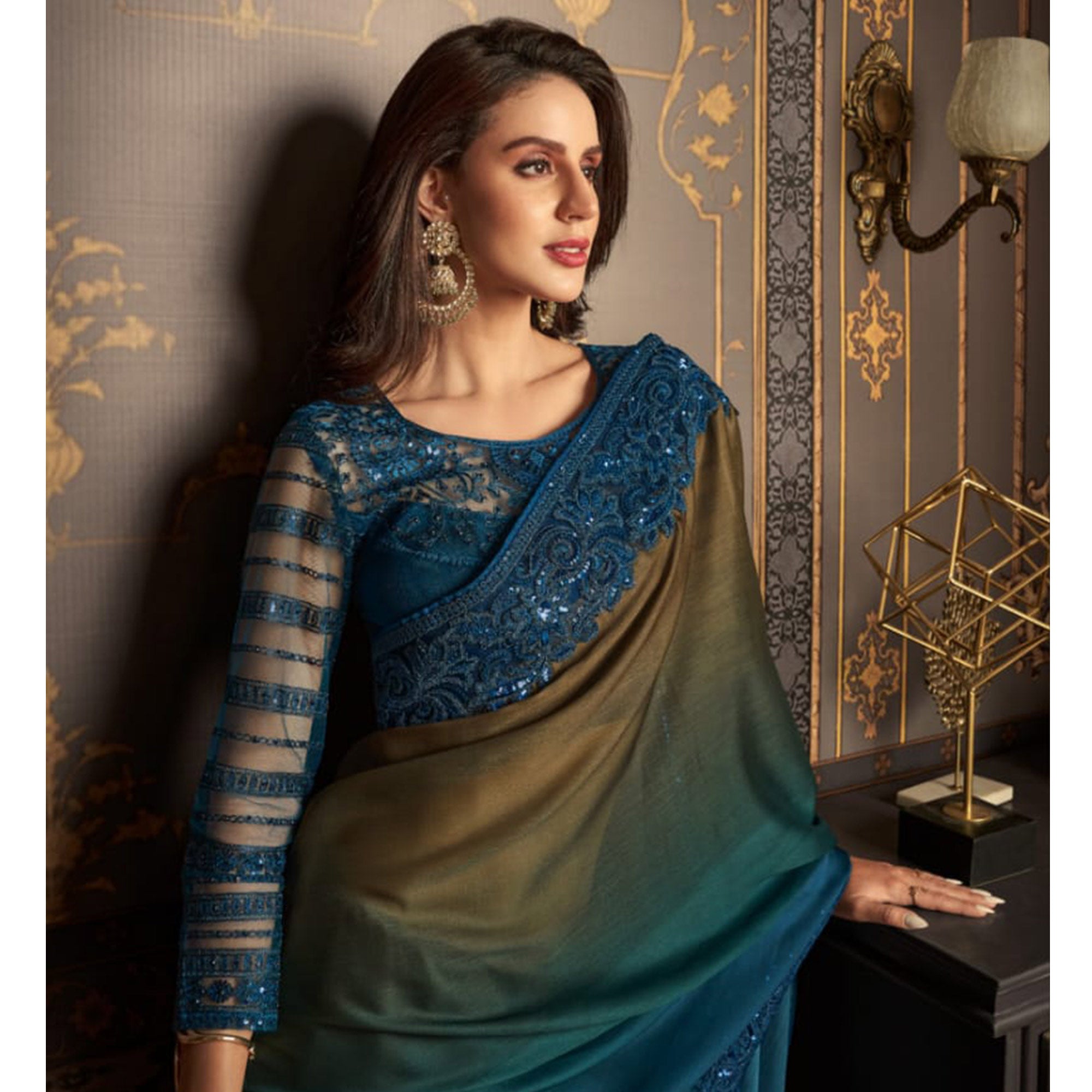 Teal Blue & olive Embroidered Satin Ombre Saree