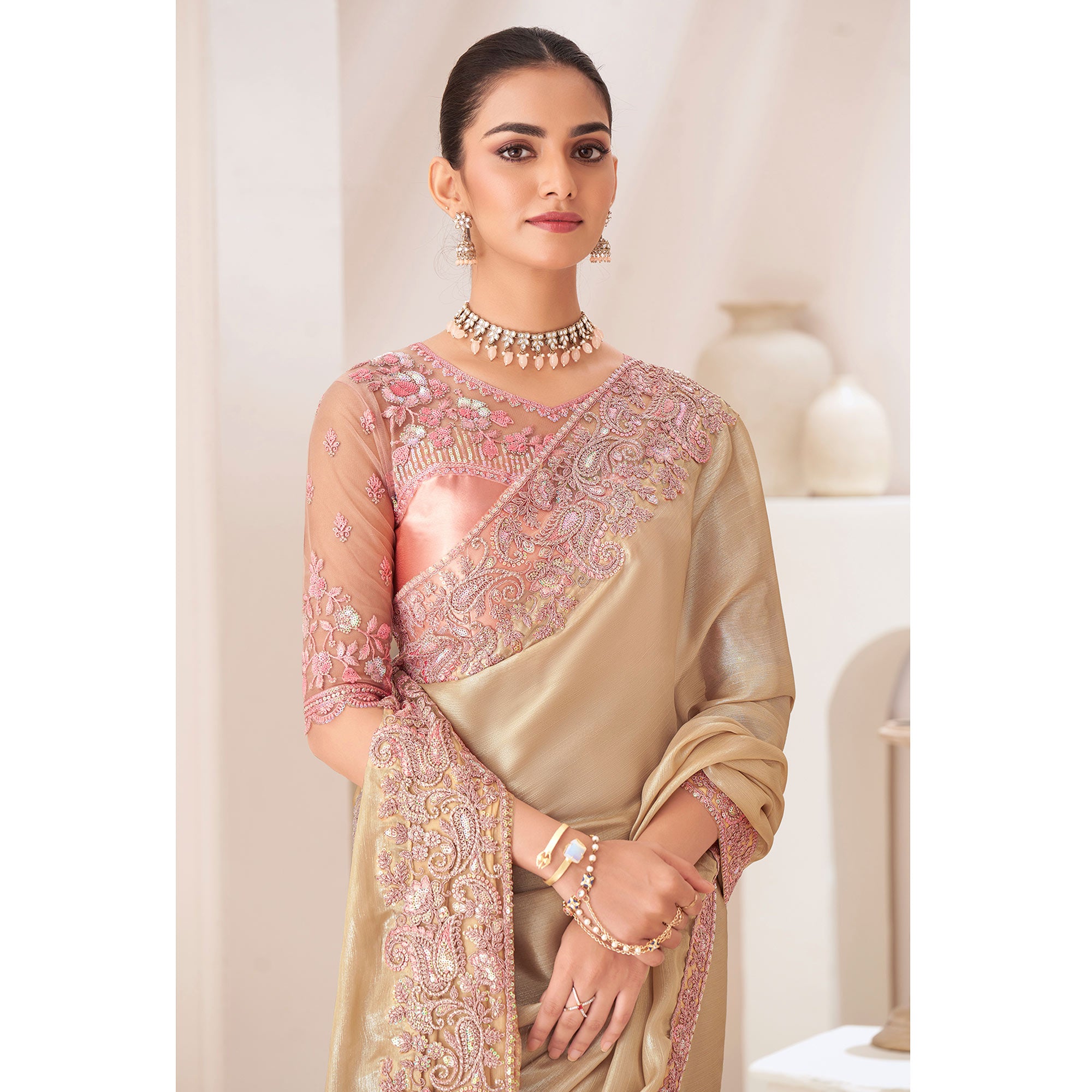 Beige Embroidered Chiffon Saree