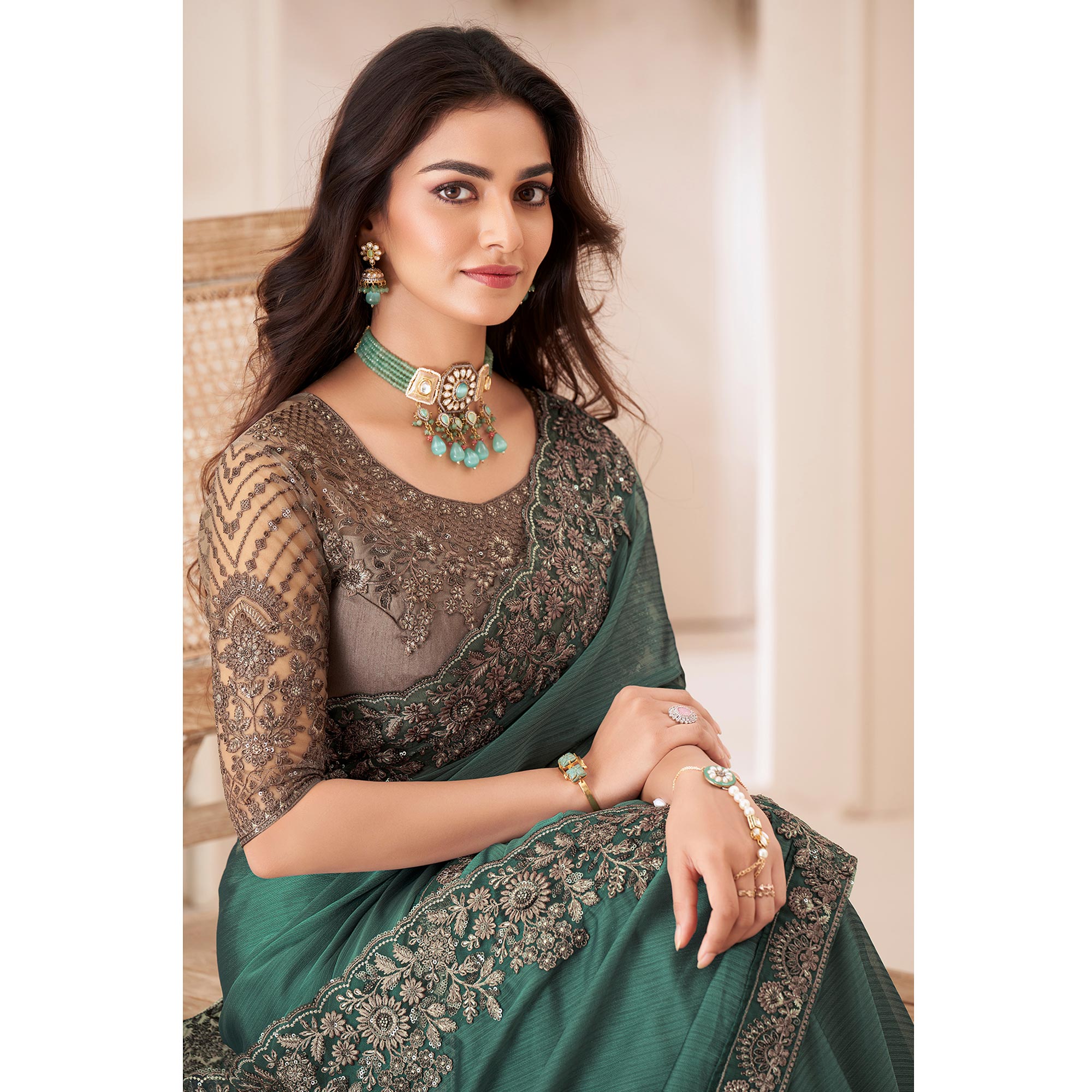 Green Embroidered Georgette Saree