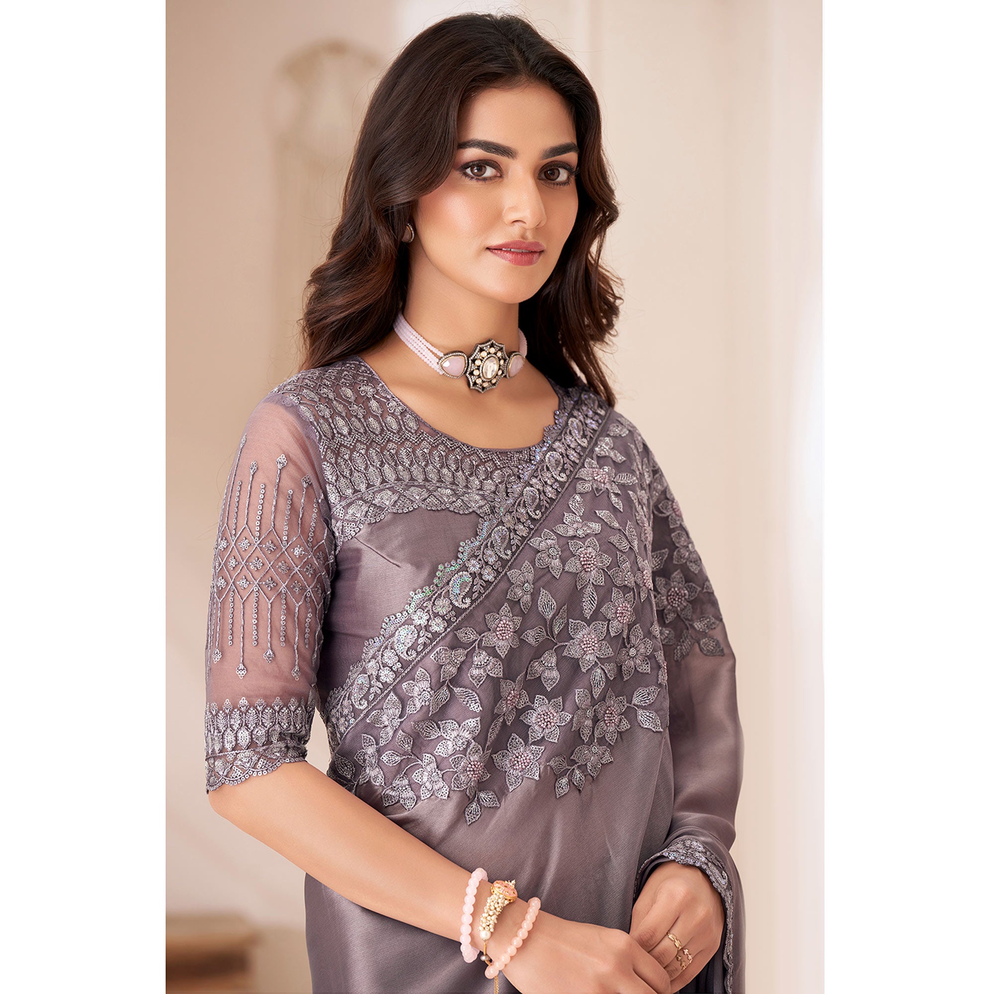 Dark Mauve Embroidered Satin Saree