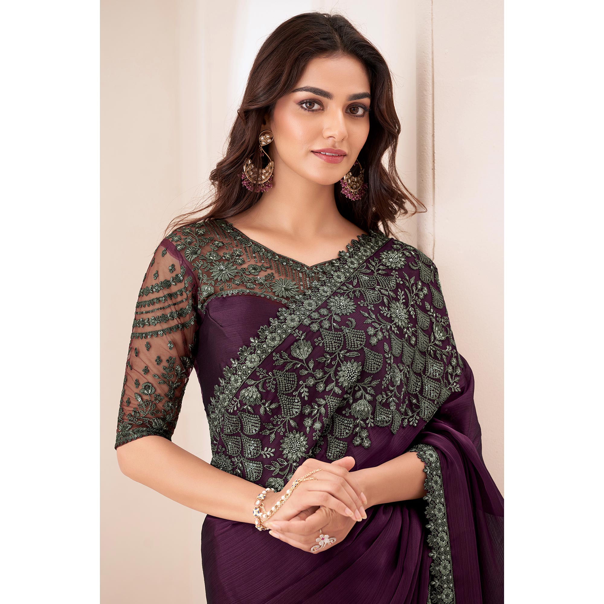 Wine Embroidered Chiffon Saree