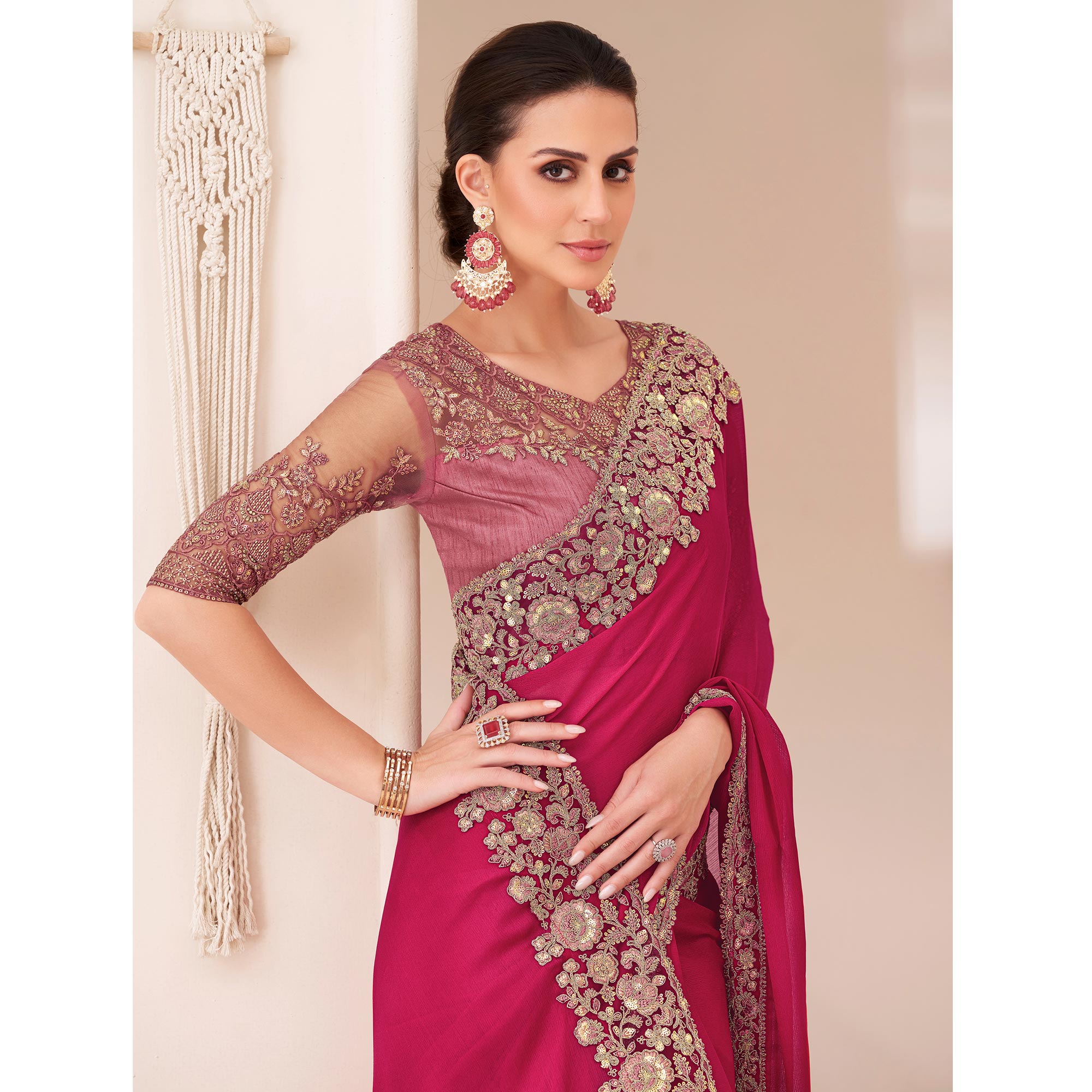 Pink Embroidered Chiffon Saree