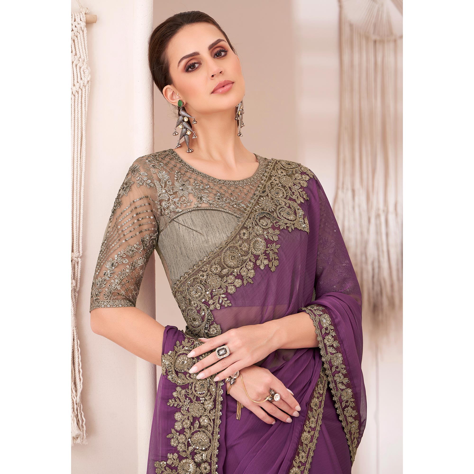 Purple Embroidered Georgette Saree