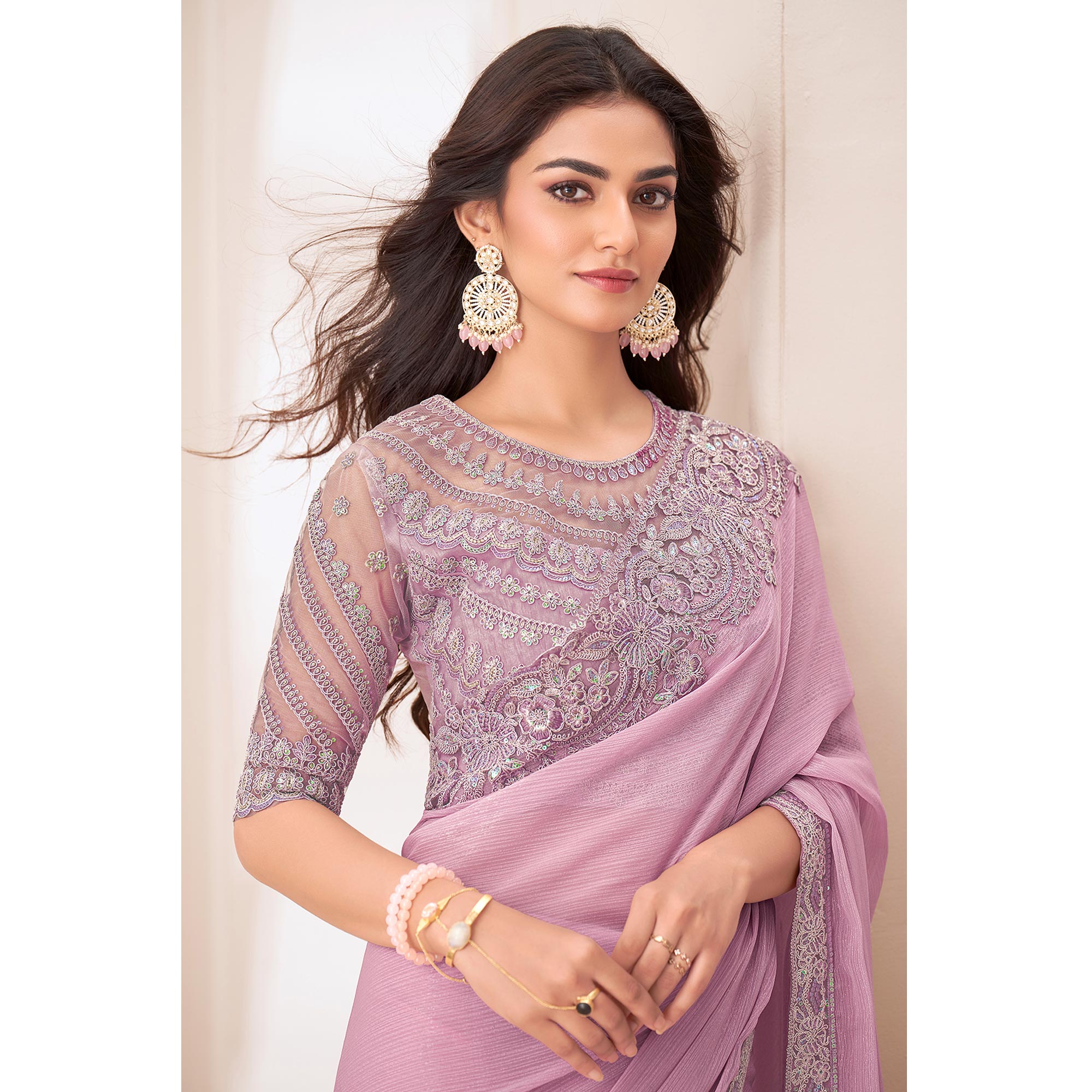 Light Pink Embroidered Chiffon Saree