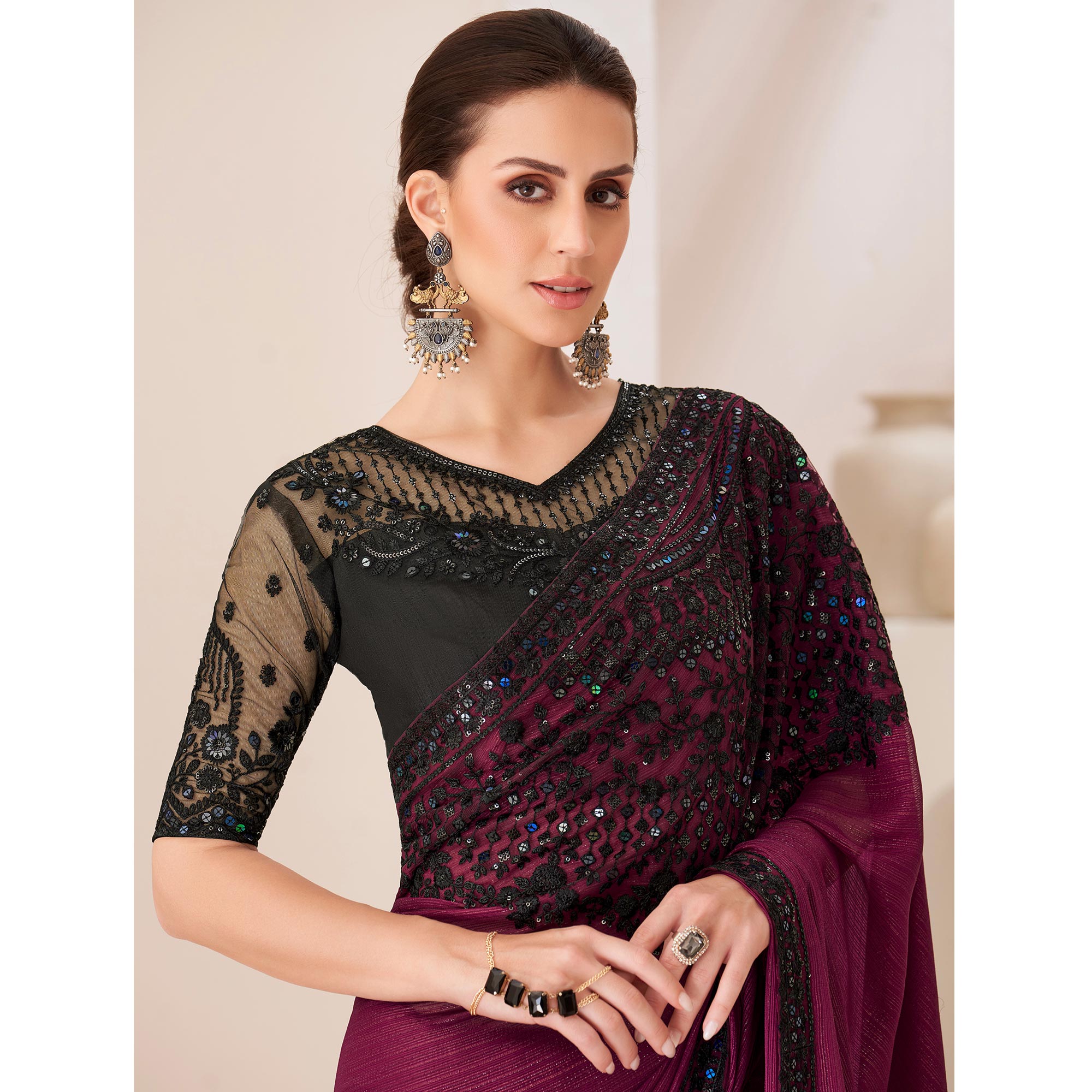 Wine Embroidered Georgette Saree