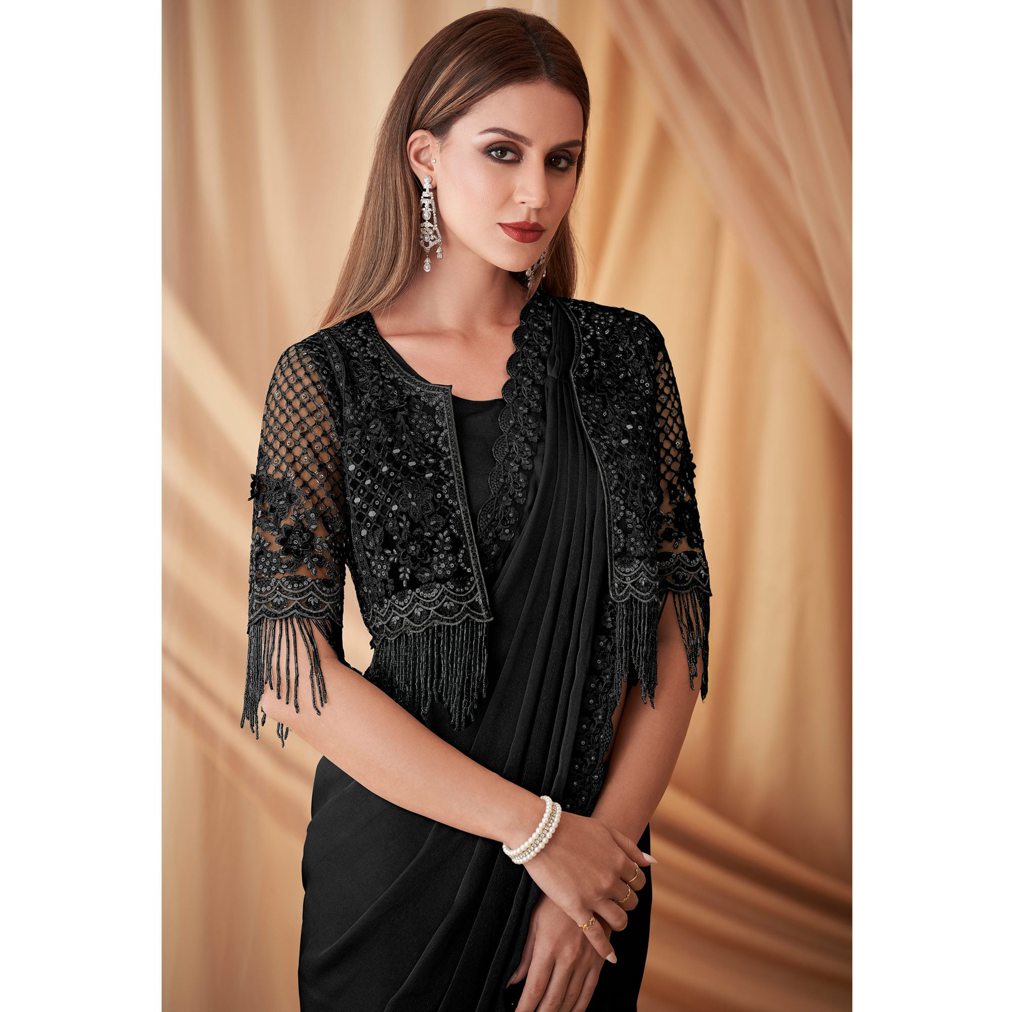 Black Embroidered Satin Saree With Jacket