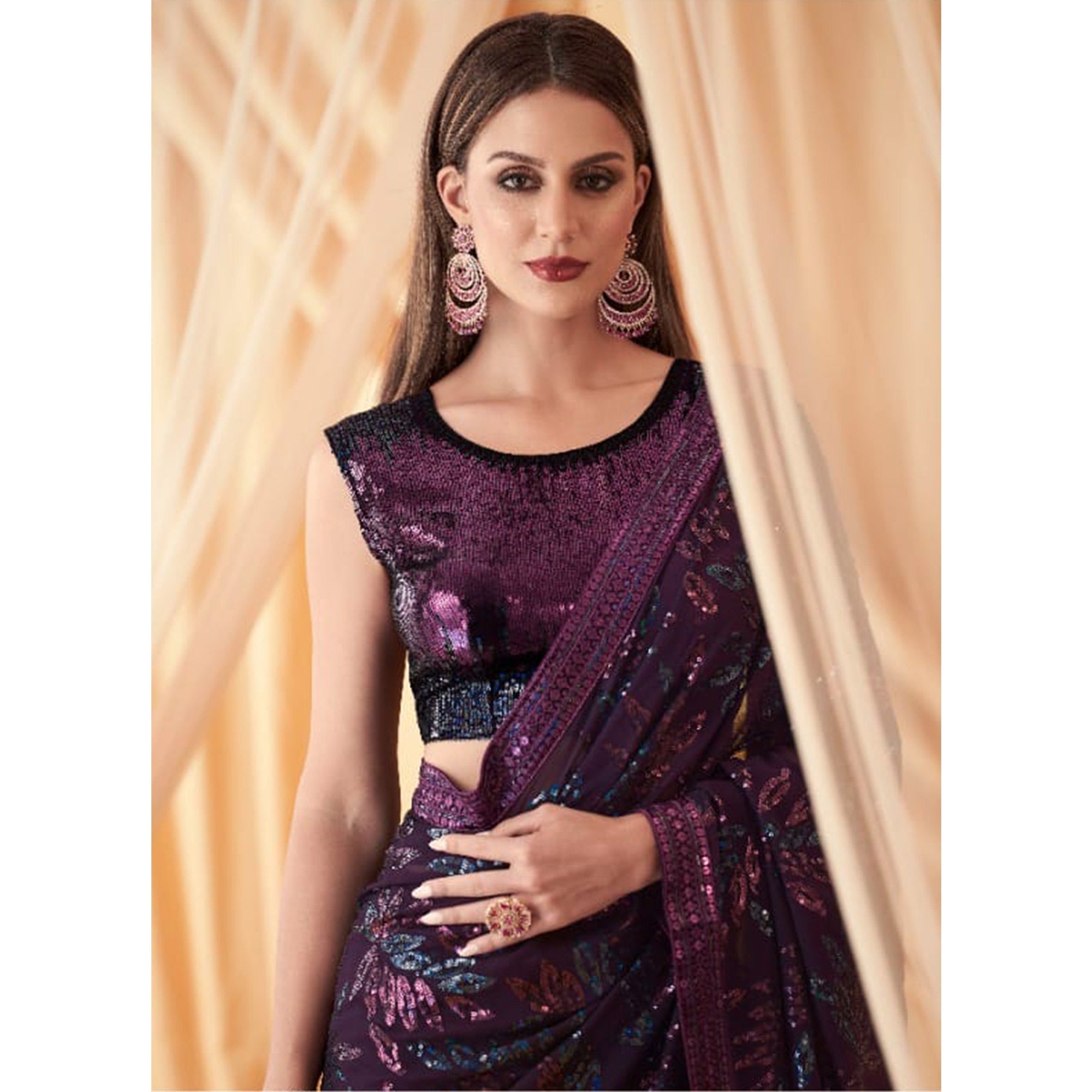 Wine Sequins Embroidered Georgette Saree With Tassels