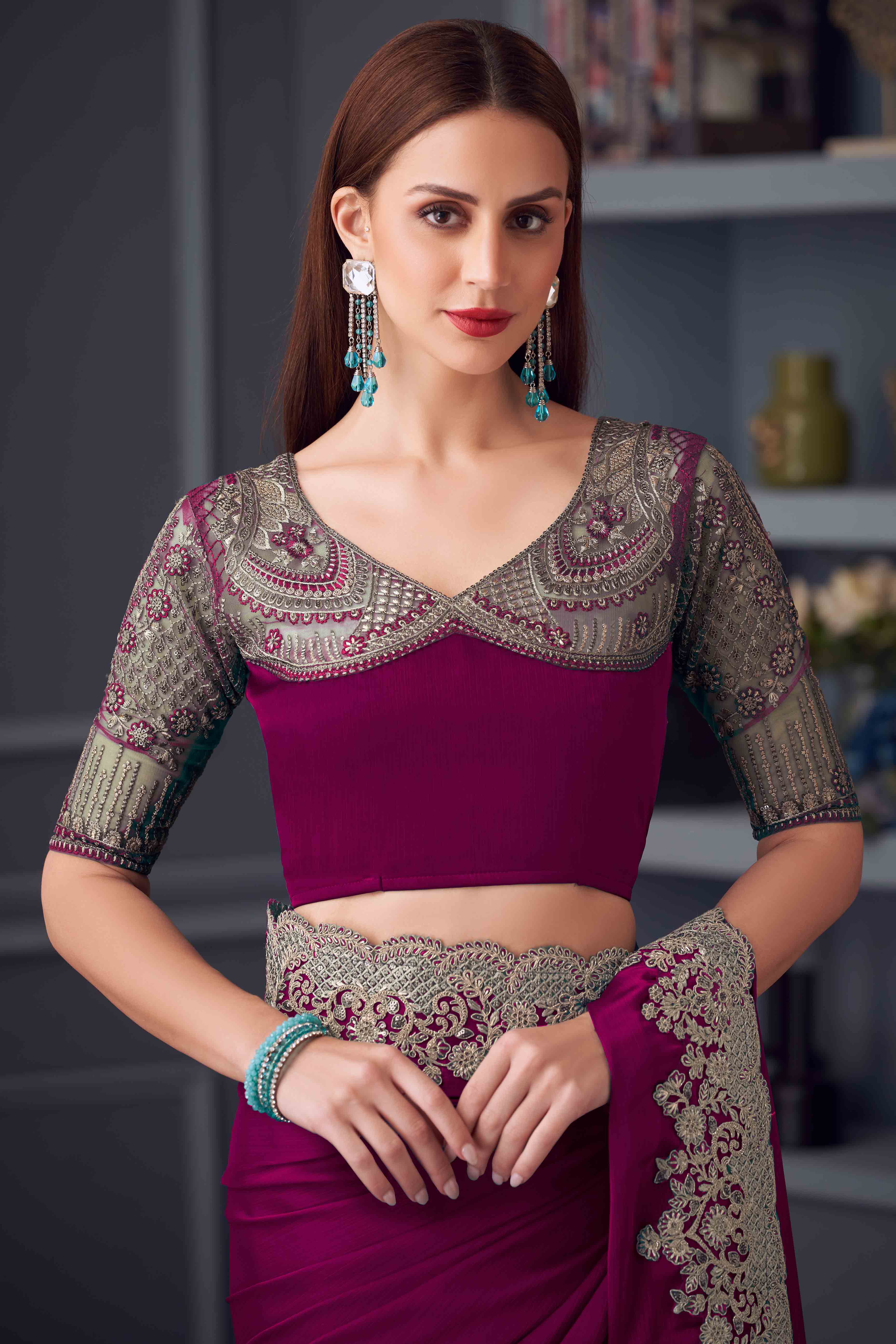 Purple Chiffon Saree with Embellished Border