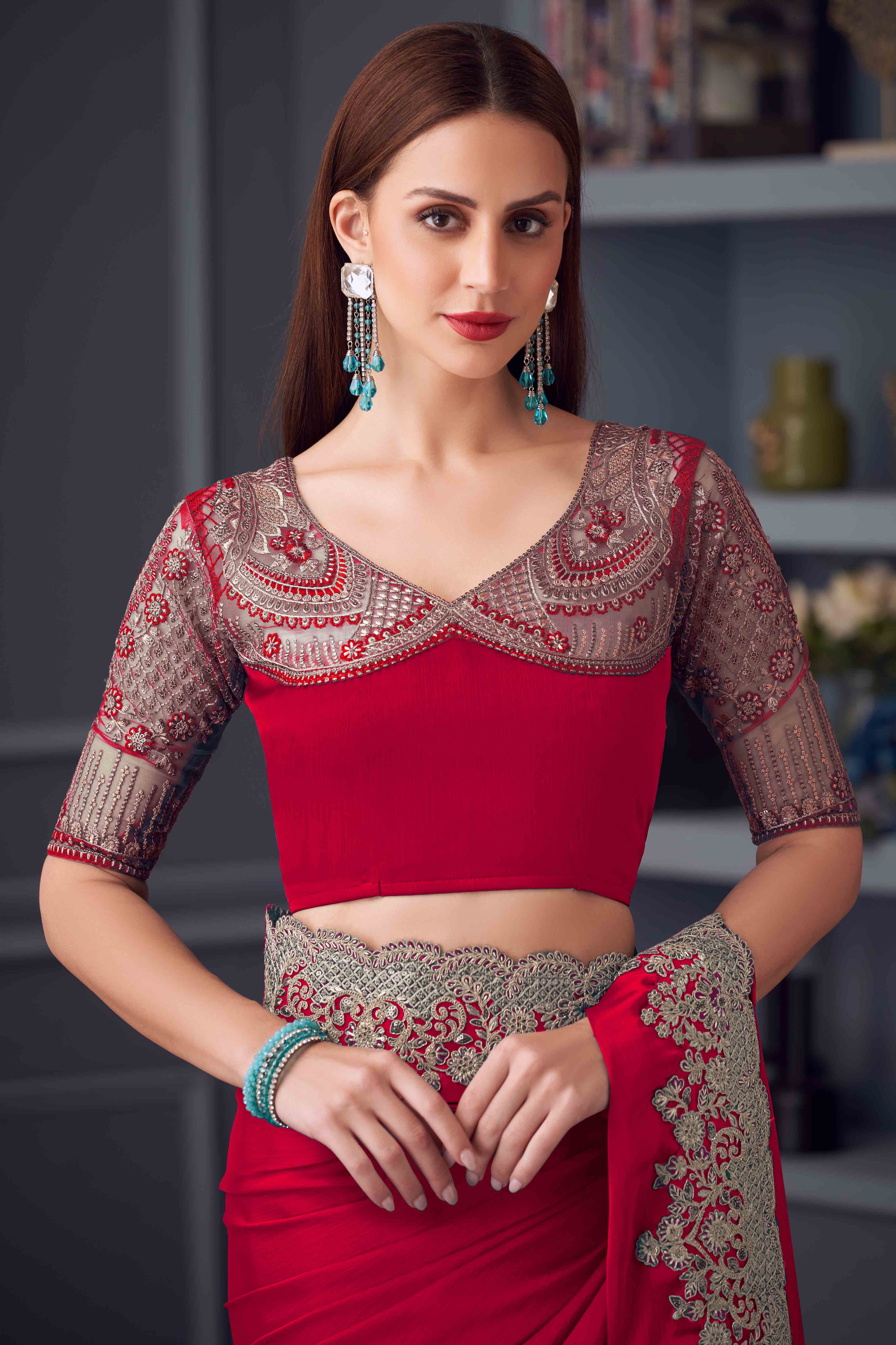 Red Chiffon Saree with Embellished Border