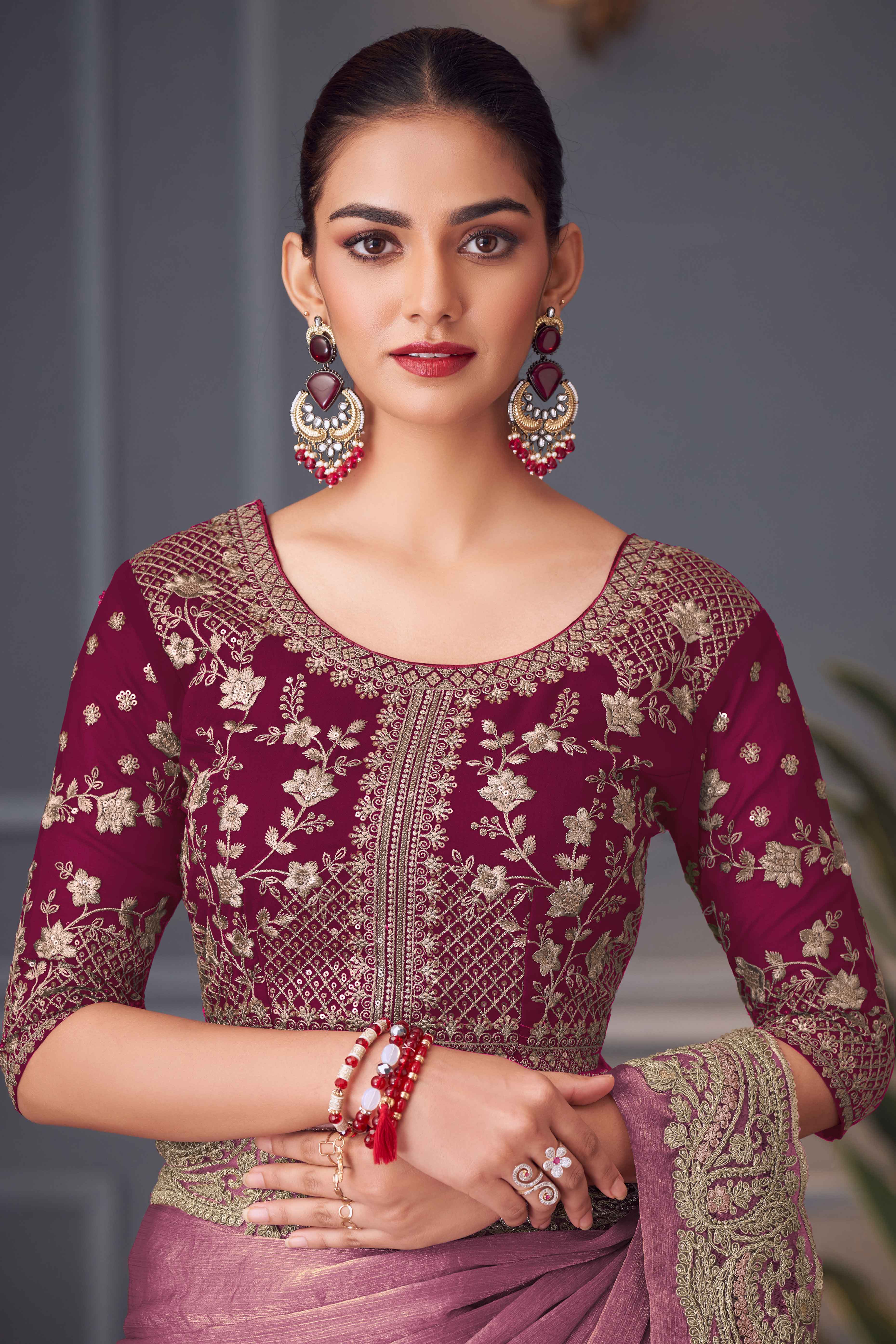 Mauve Partywear Chiffon Saree with Ornate Border Detailing