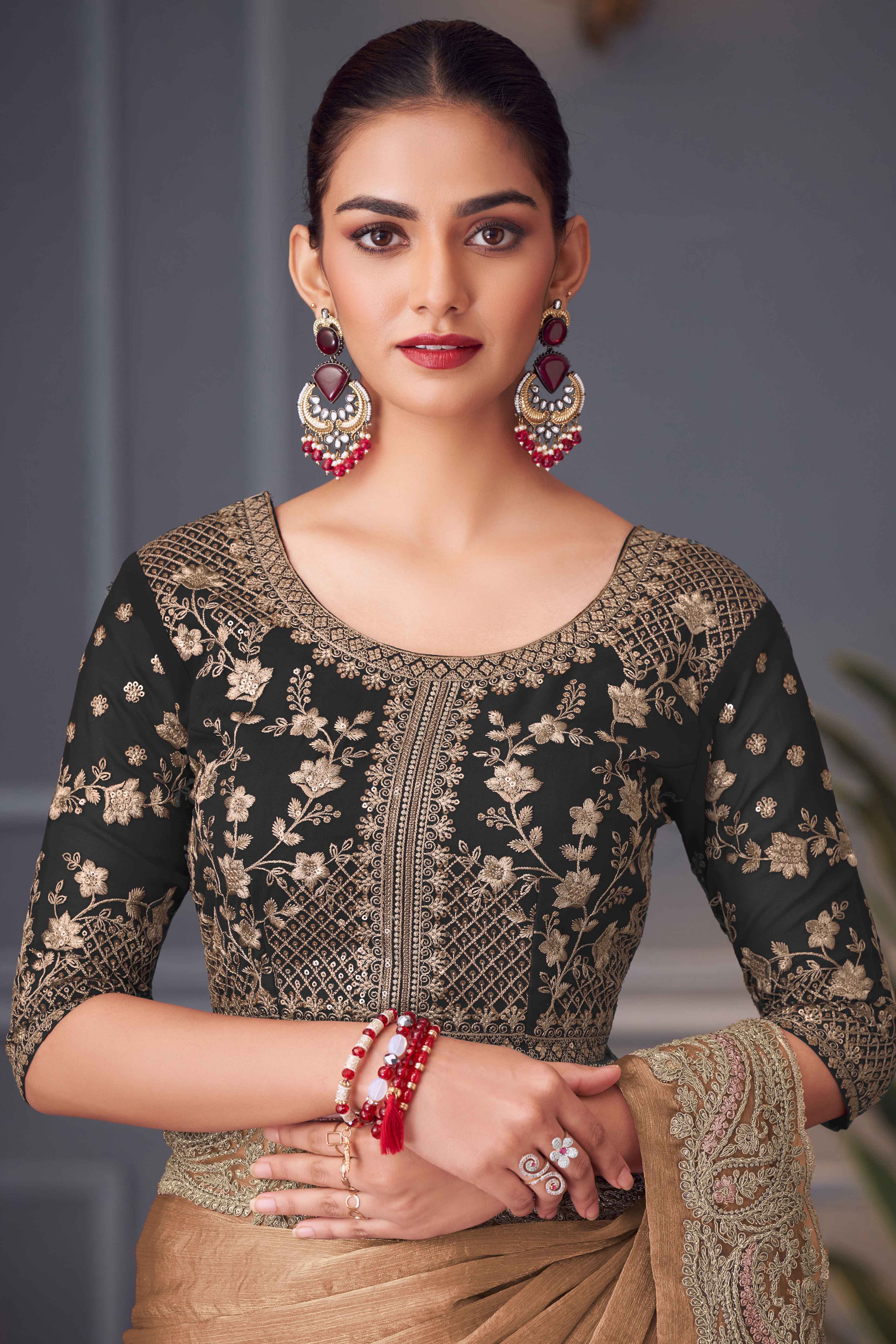 Brown Partywear Chiffon Saree with Ornate Border Detailing