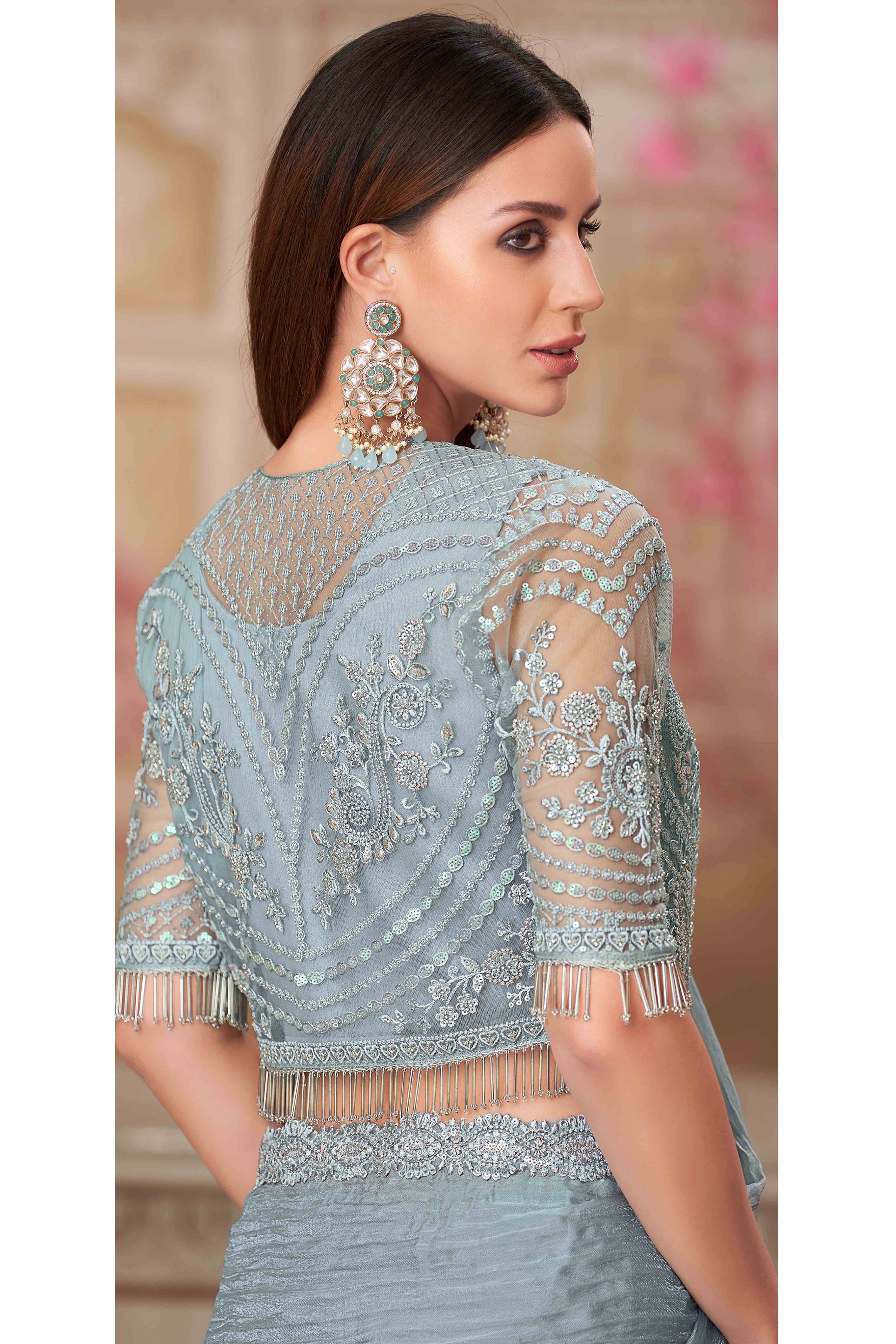 Soft Georgette Grey Saree with Floral Thread & Sequin Accents