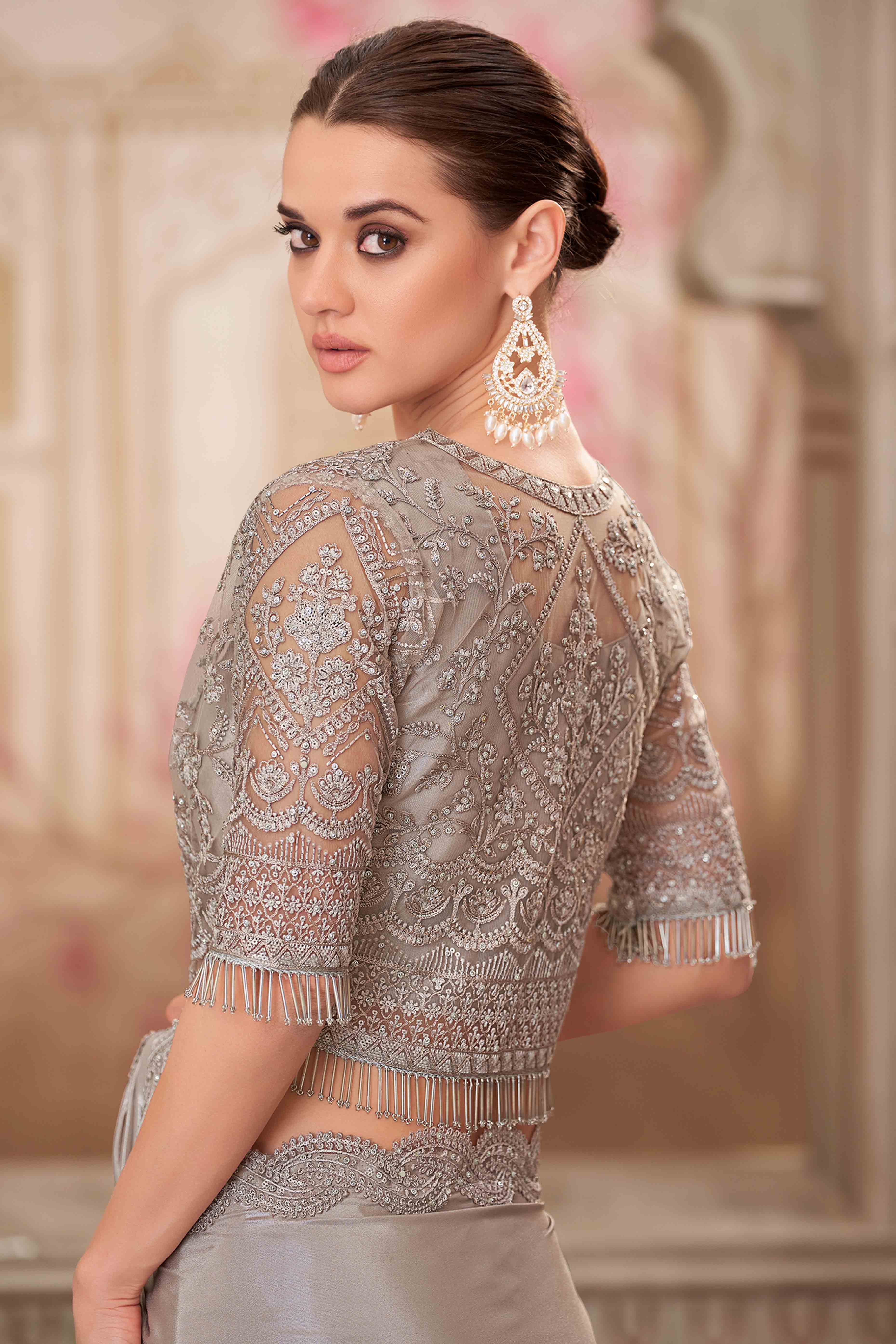 Glamorous Grey Satin Saree with Intricate Sequin & Floral Work