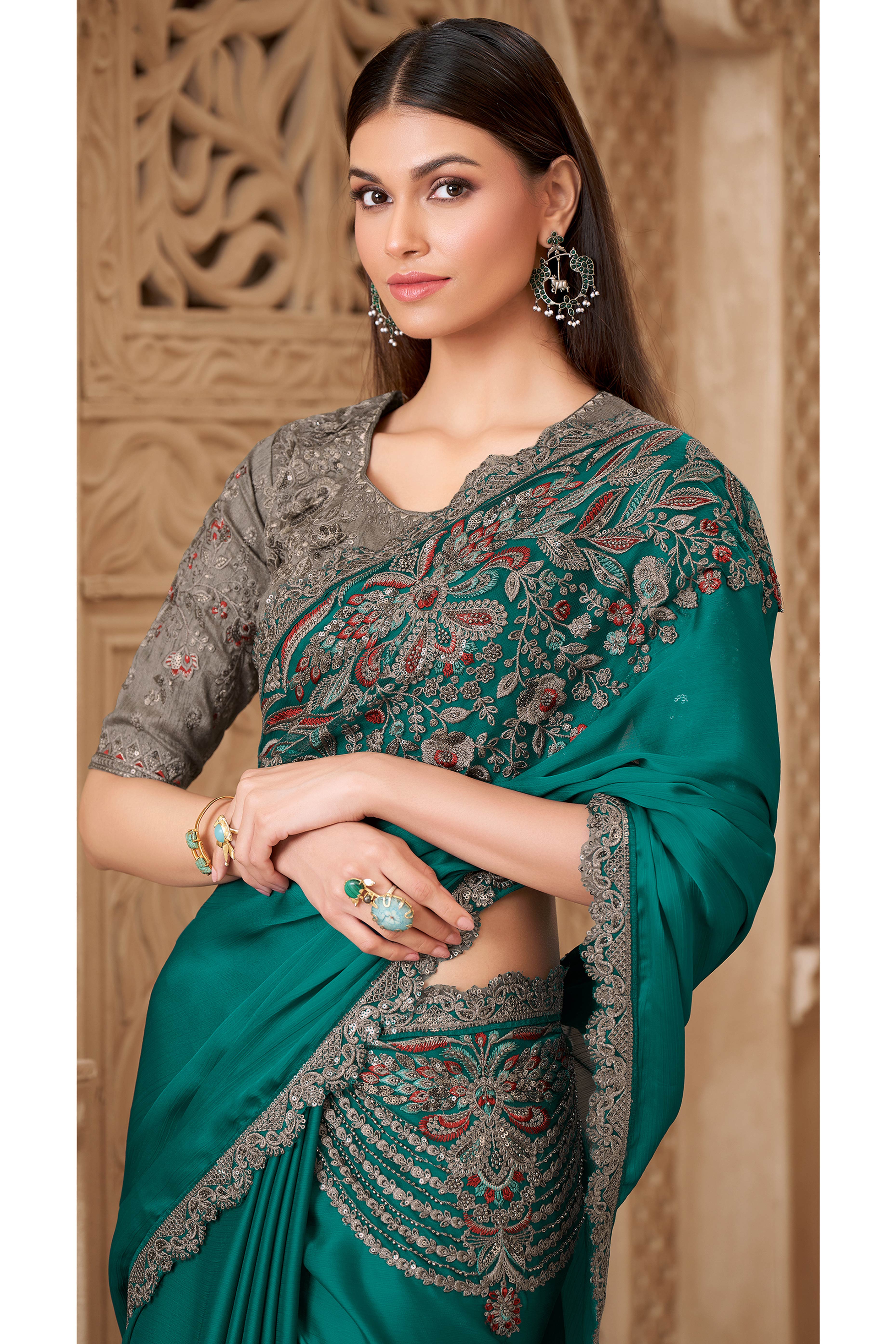 Designer Rama Green Thread Embroidered Satin Saree with Sequin Highlights