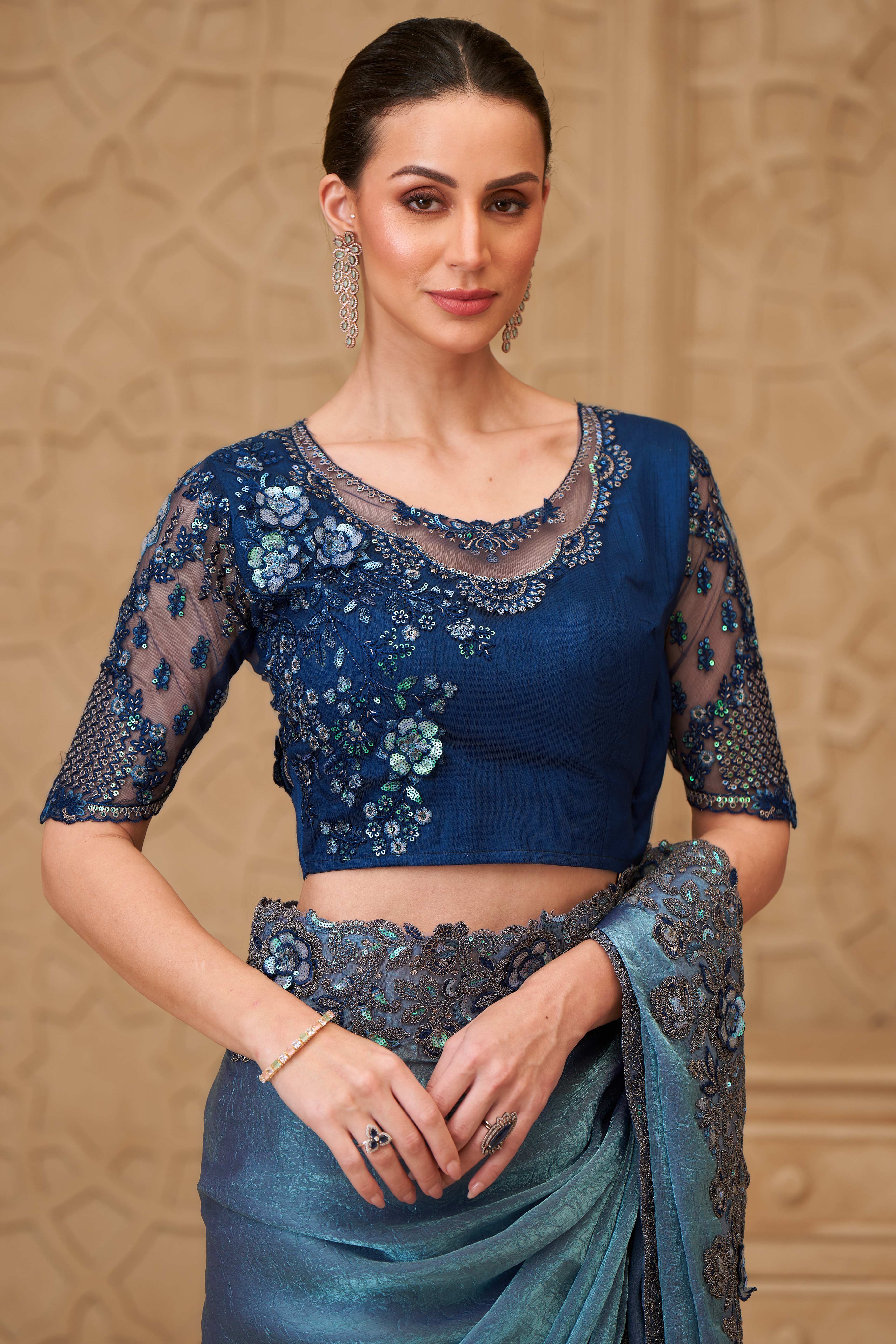 Shimmering Bluish Grey Georgette Saree with Graceful Thread Embellishment and Sequins