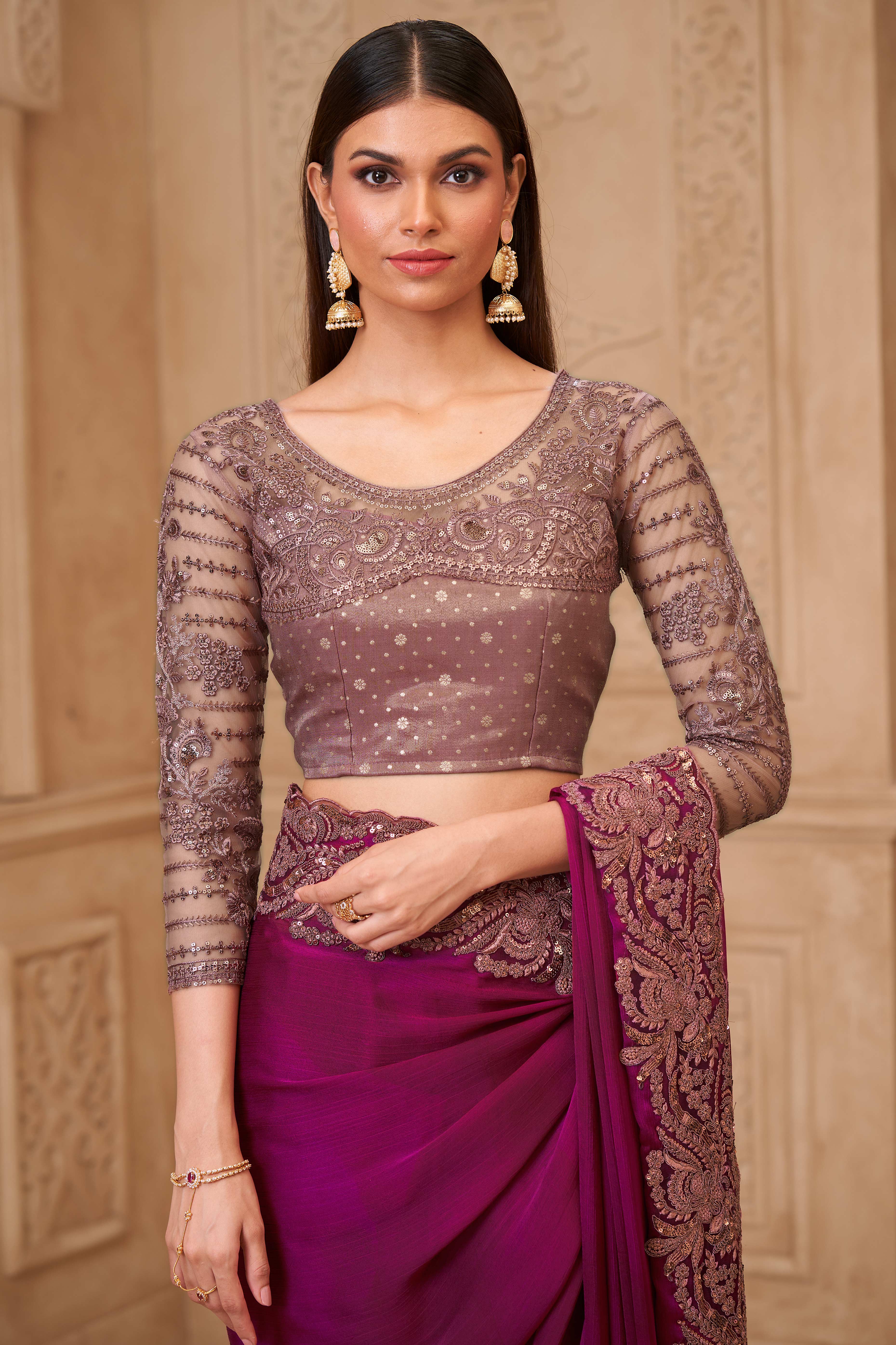 Stylish Magenta Chiffon Saree Crafted with Sequin Detailing and Thread Embroidery