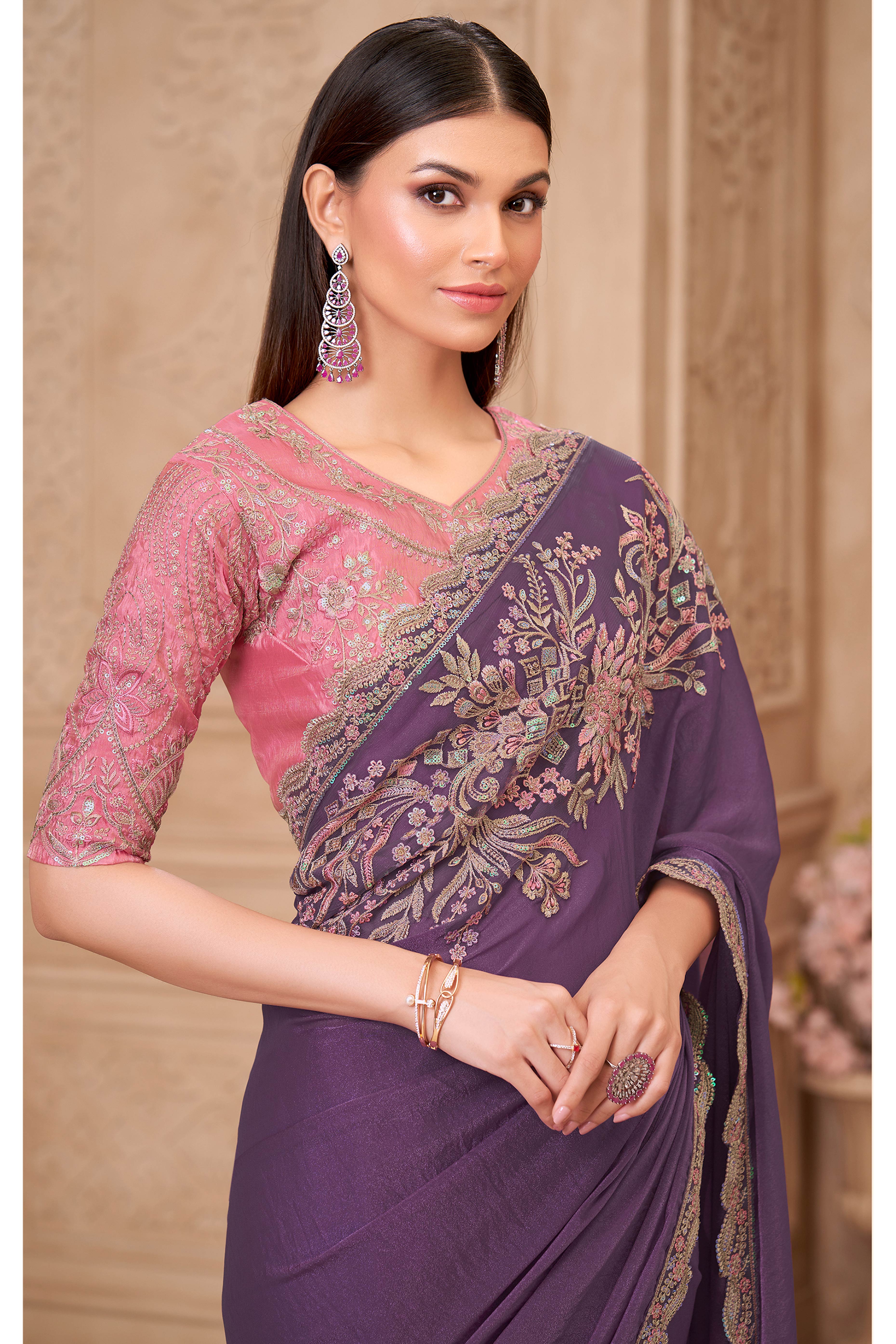 Designer Purple Thread Embroidered Satin Saree with Sequin Highlights