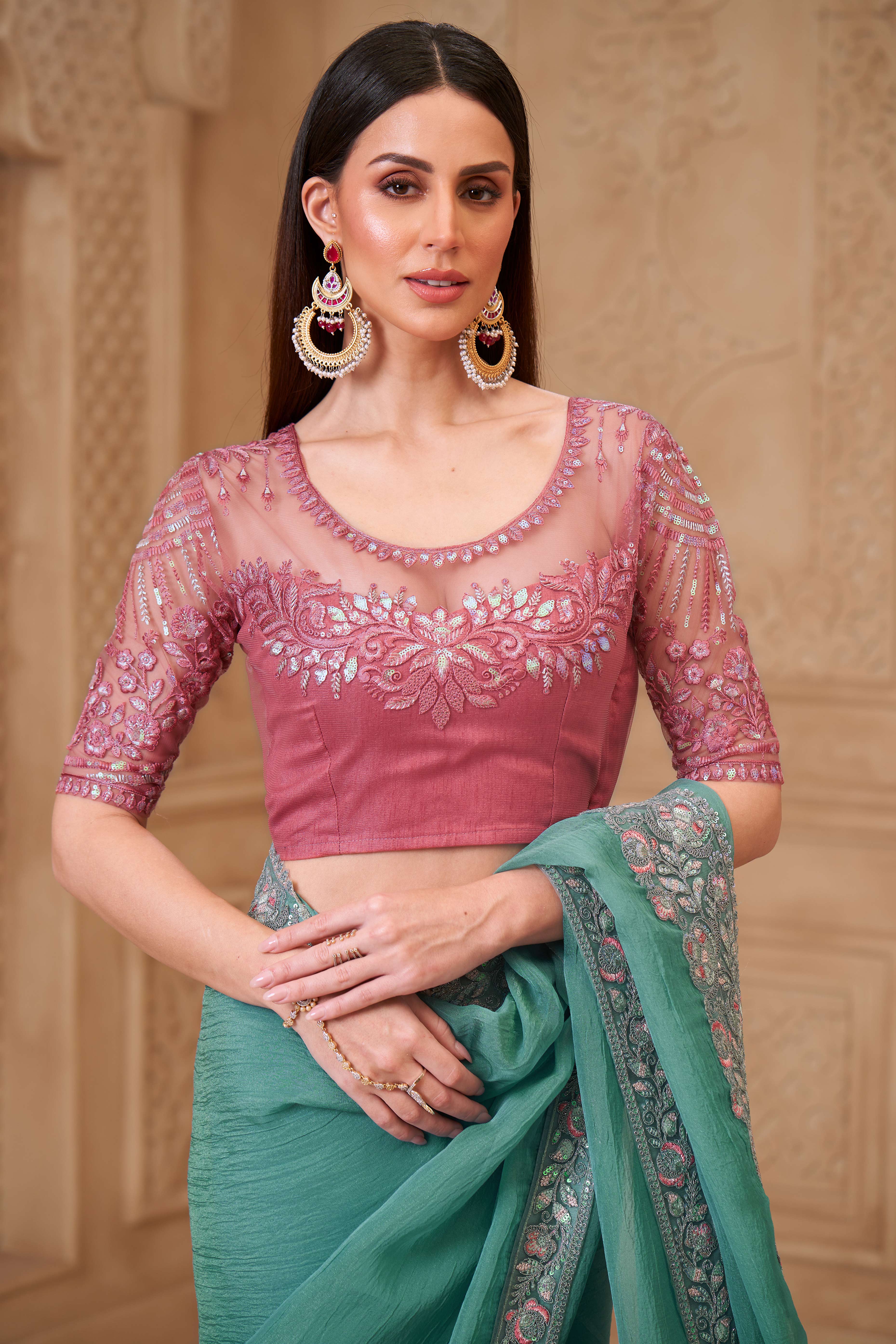 Stylish Sea Green Chiffon Saree Crafted with Sequin Detailing and Thread Embroidery