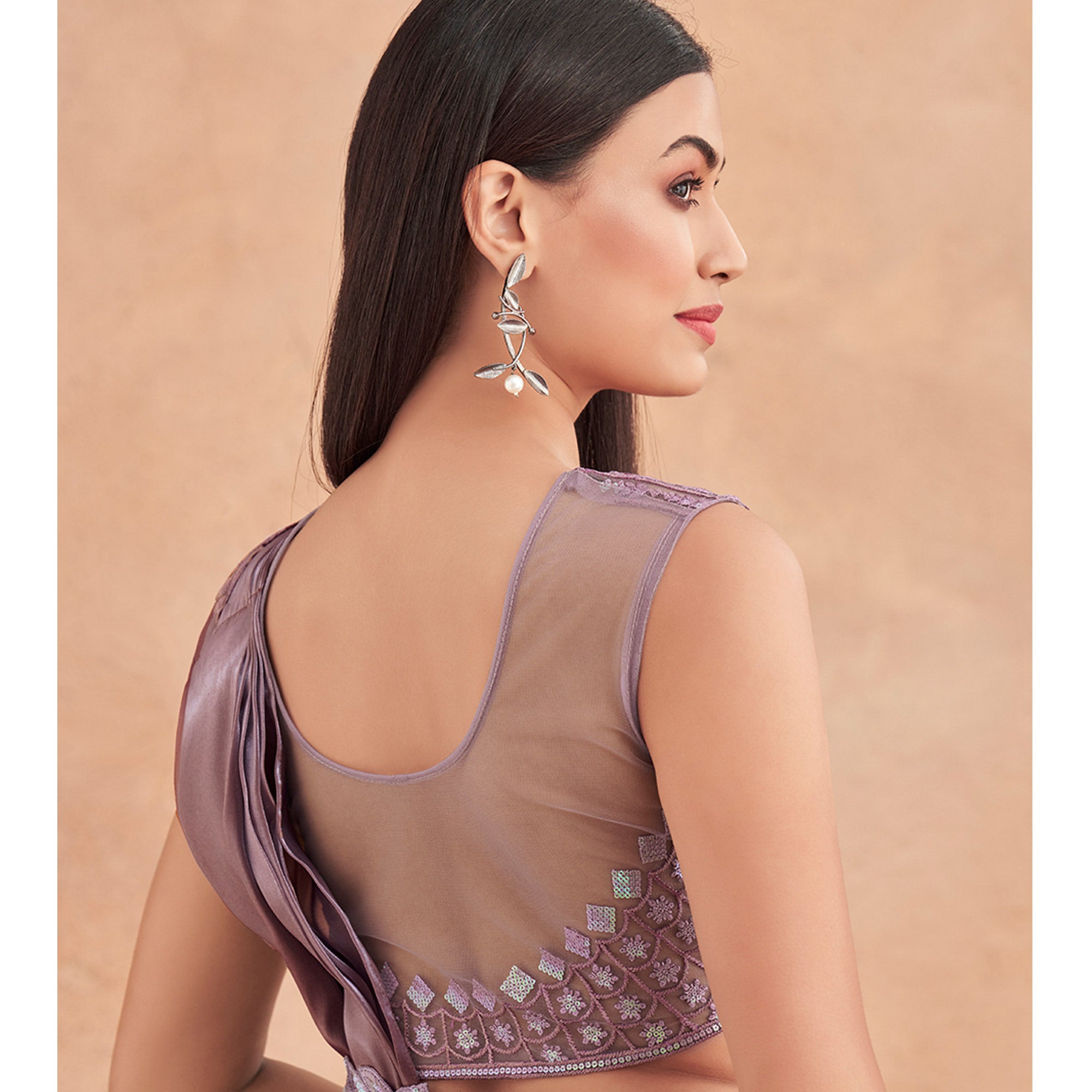 Mauve Sequins Embroidered Ready To Wear Satin Silk Saree