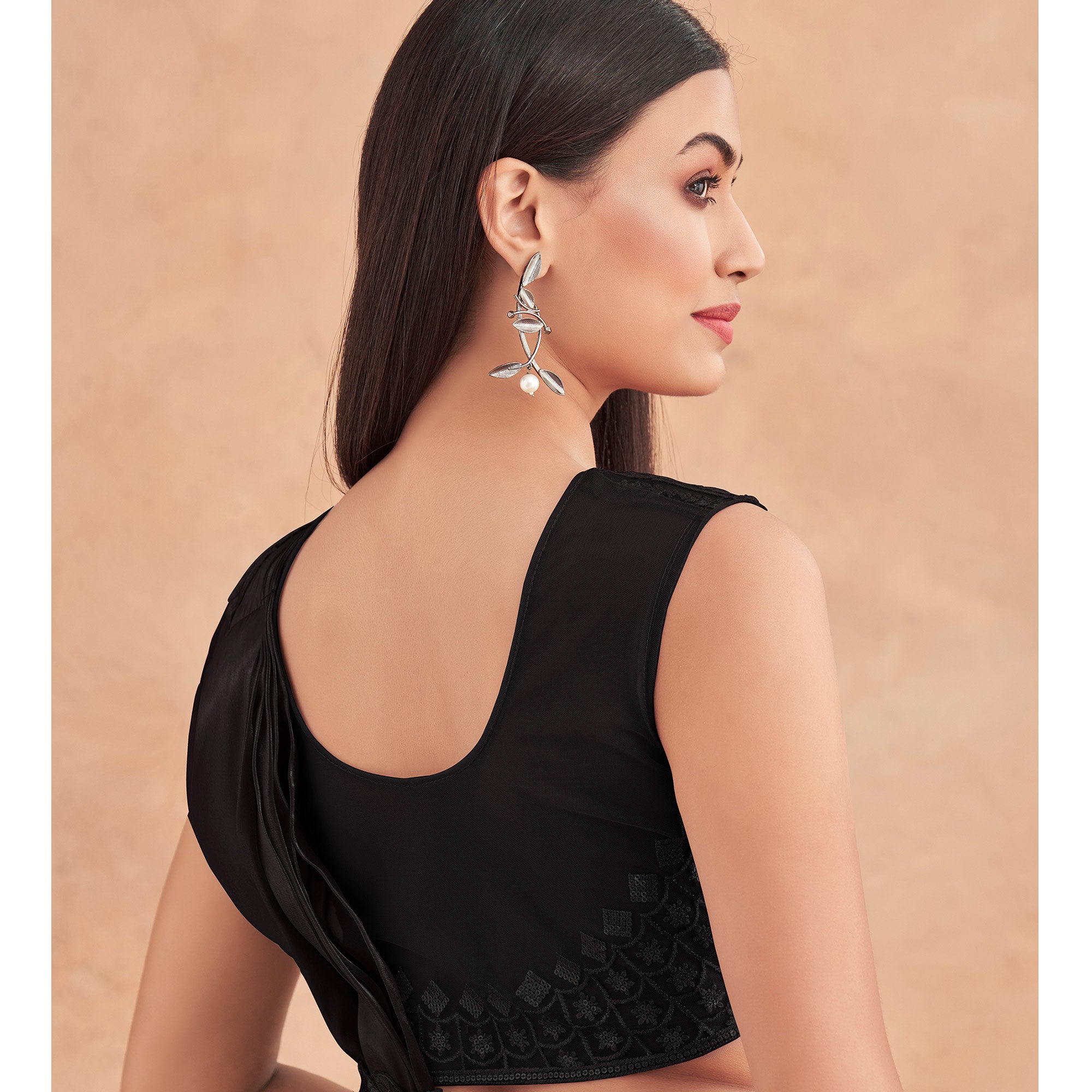 Black Sequins Embroidered Ready To Wear Satin Silk Saree