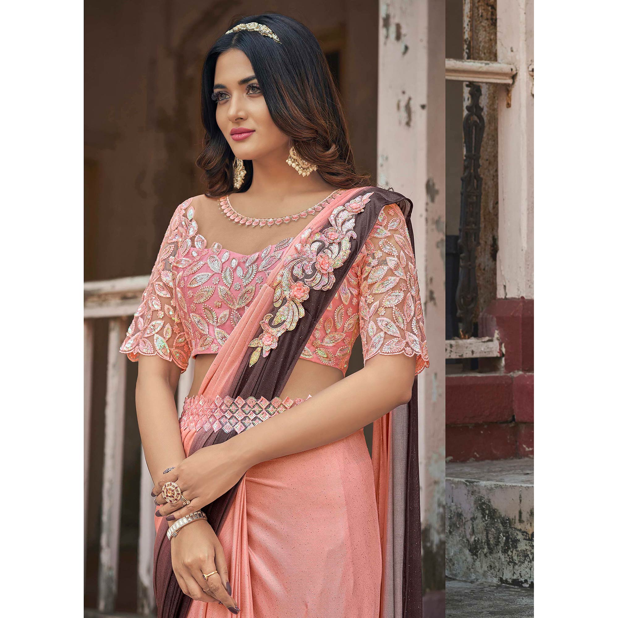 Peach Sequins Embroidered Ready To Wear Lycra Saree