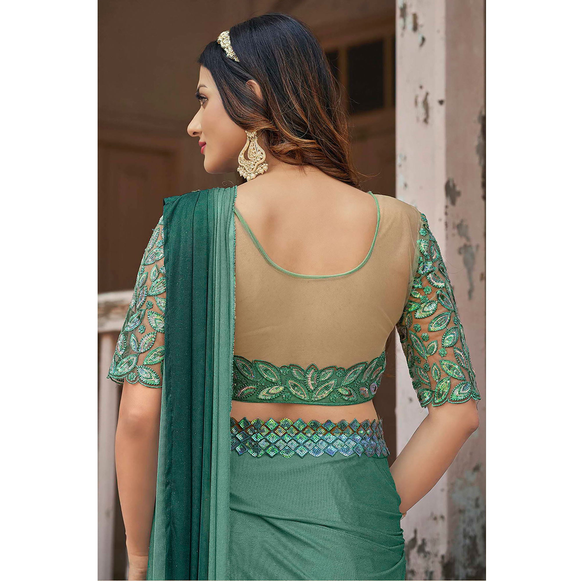 Green Sequins Embroidered Ready To Wear Lycra Saree