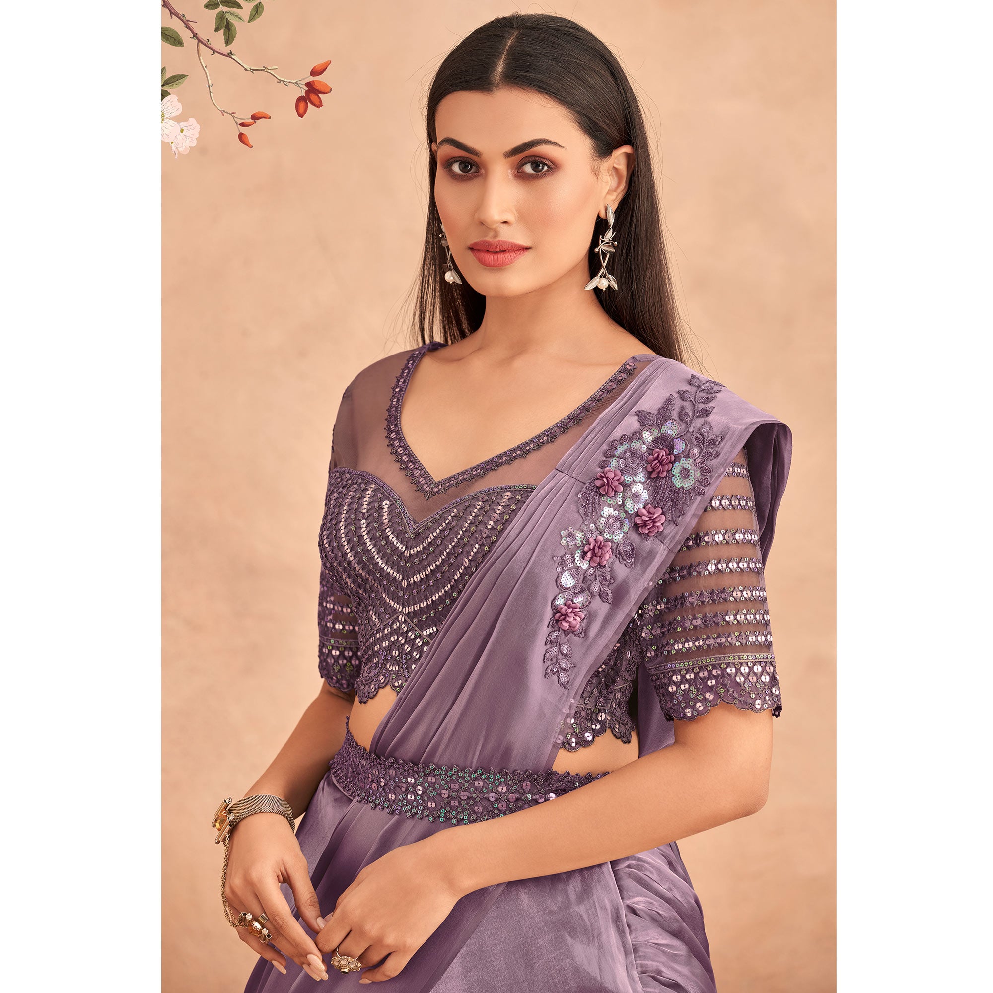 Mauve Sequins Embroidered Ready To Wear Art Silk Saree