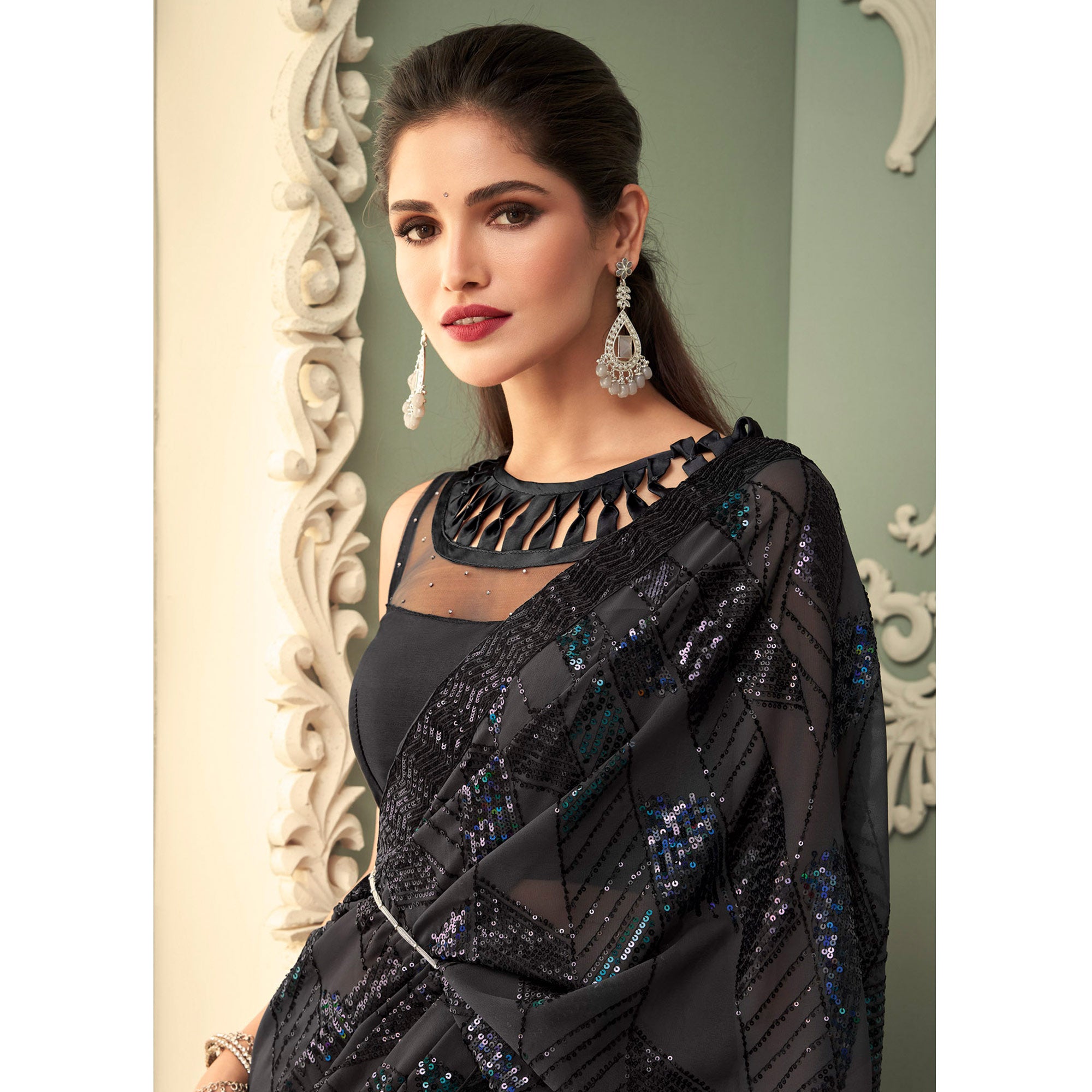 Black Sequins Embroidered Georgette Saree