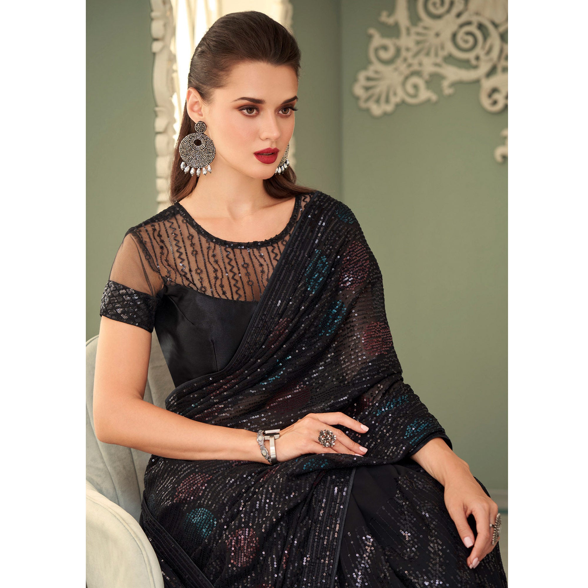 Black Sequins Embroidered Georgette Saree