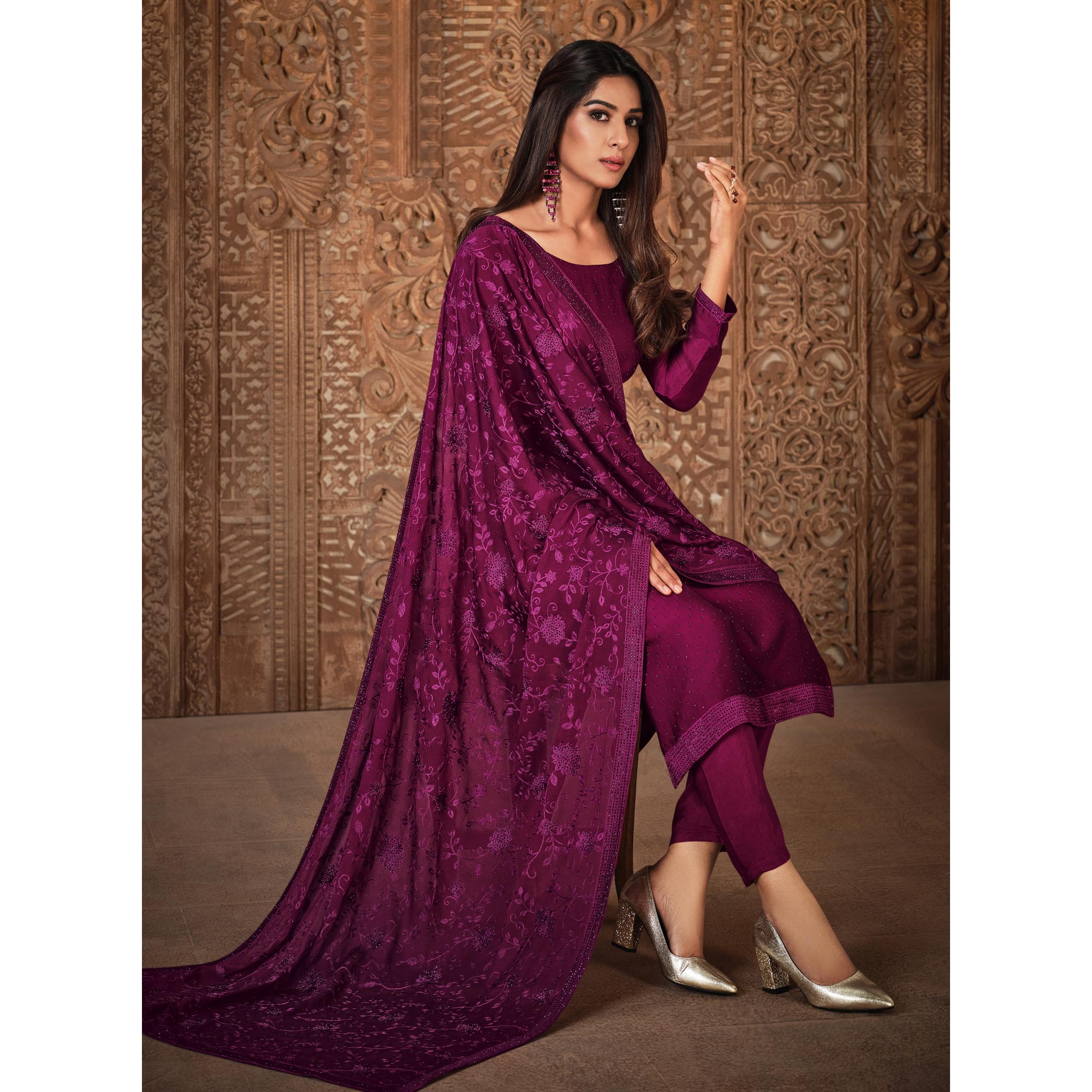 Magenta Diamond Work Georgette Semi Stitched Salwar Suit