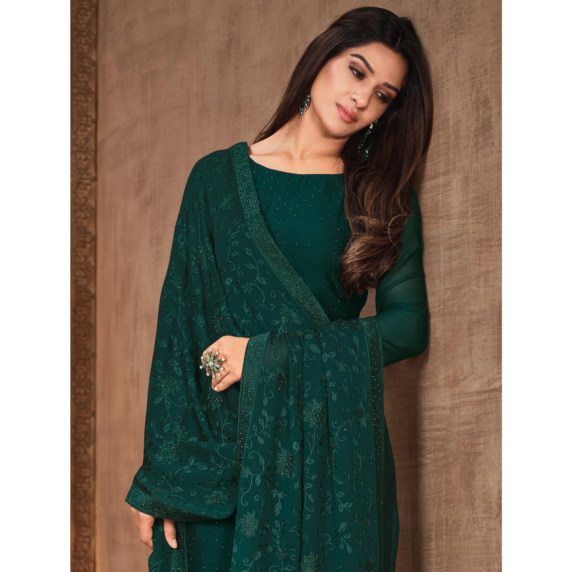 Green Diamond Work Georgette Semi Stitched Salwar Suit