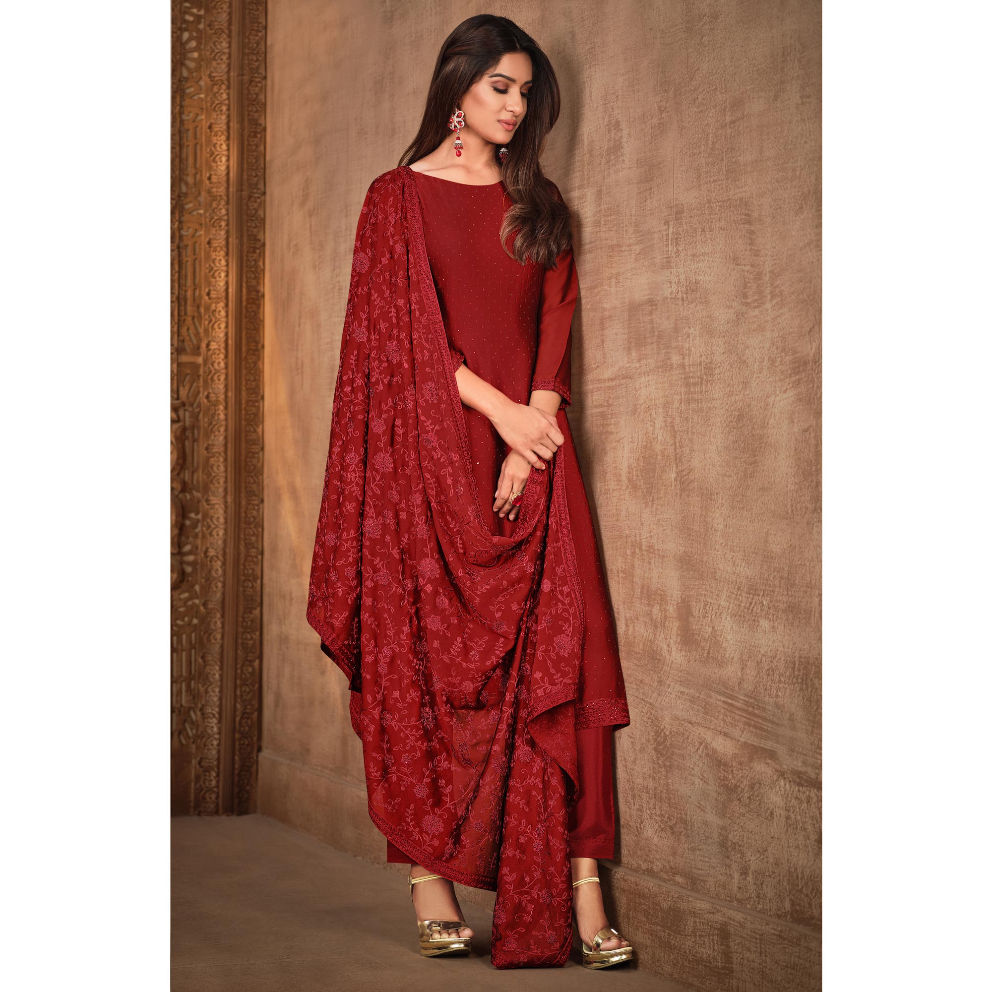 Red Diamond Work Georgette Semi Stitched Salwar Suit