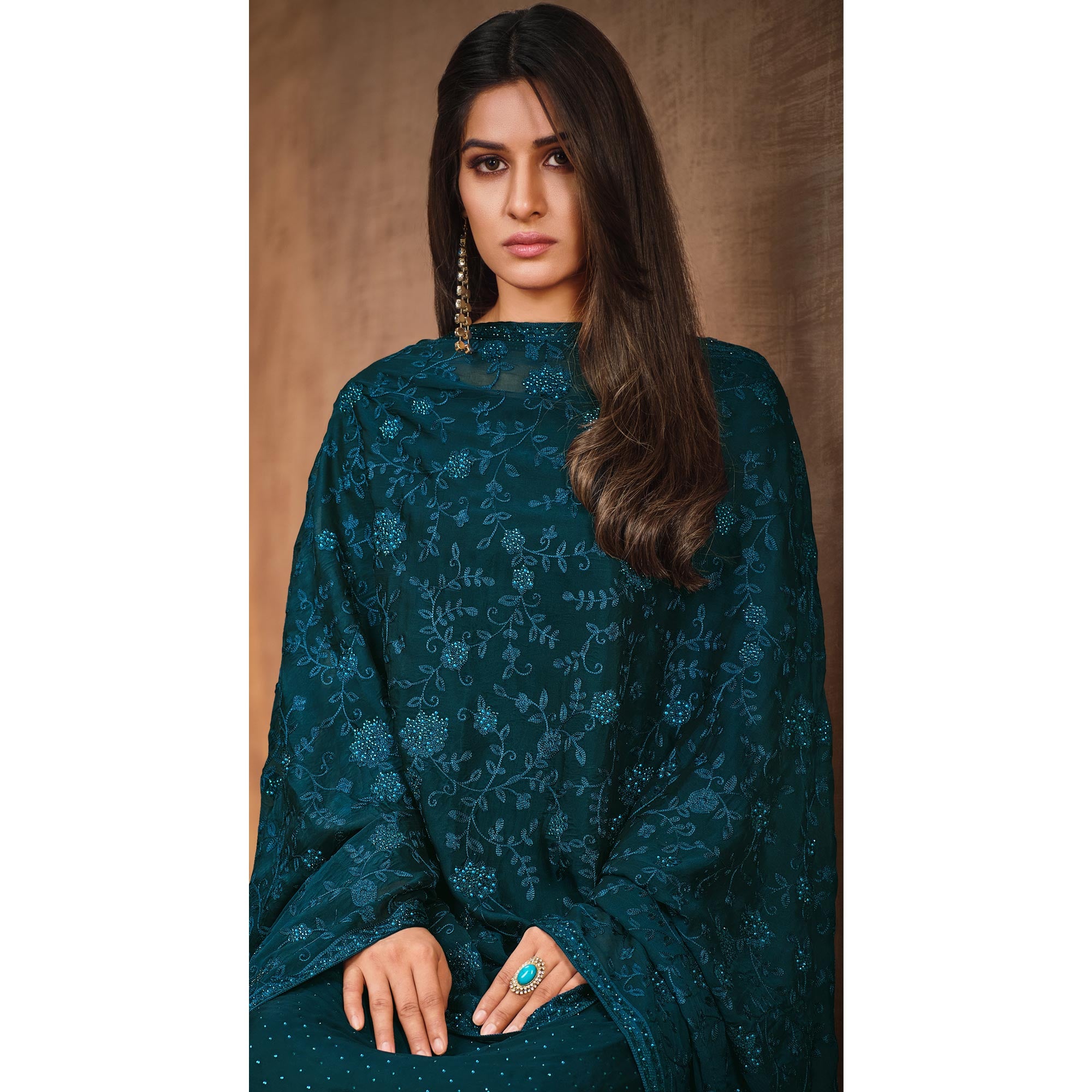 Teal Diamond Work Georgette Semi Stitched Salwar Suit